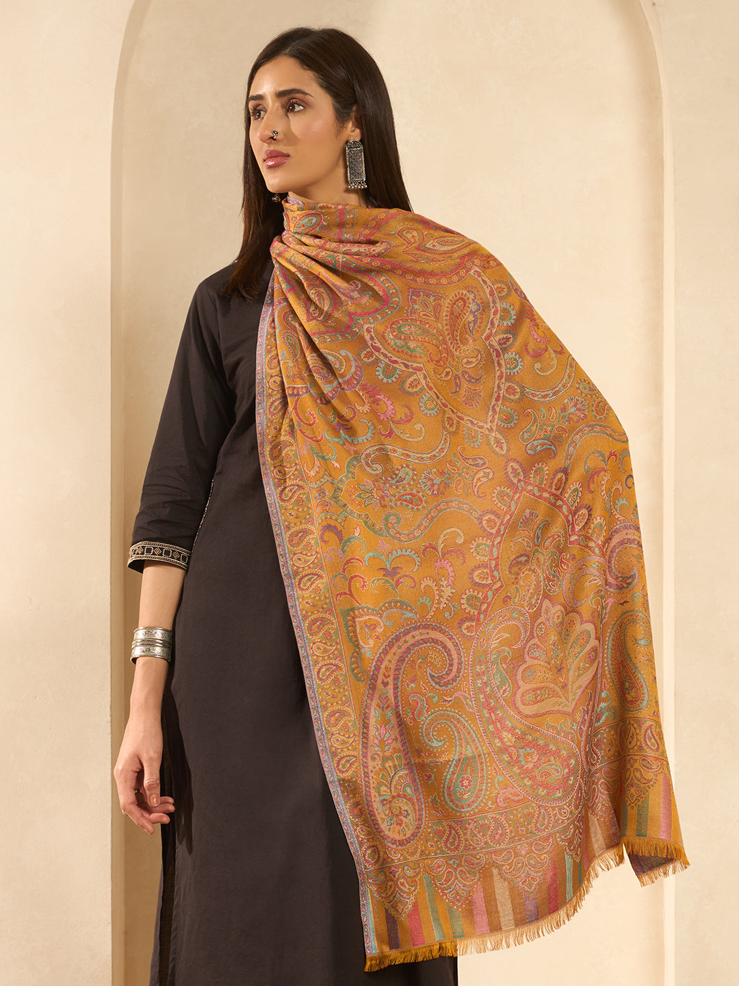 Pashmoda Imperial Ambi Kaani Stole for Women, Wool Blend Pashmina Style Shawl Wrap, Traditional Kashmiri Jamawar Woven Design, Luxury Evening & Festive Scarf (28 x 80 Inches)