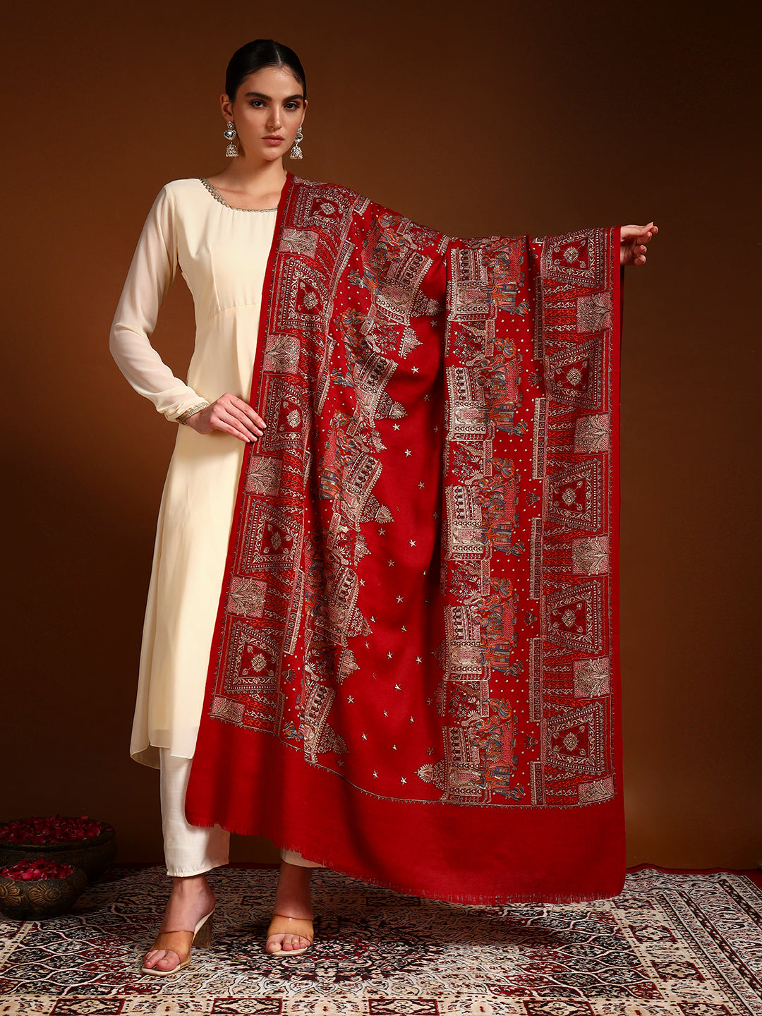 Pashmoda Women Zavian 100% Pure Wool Sozni Hand Embroidered Shawl (Size: 101x203 Cm)