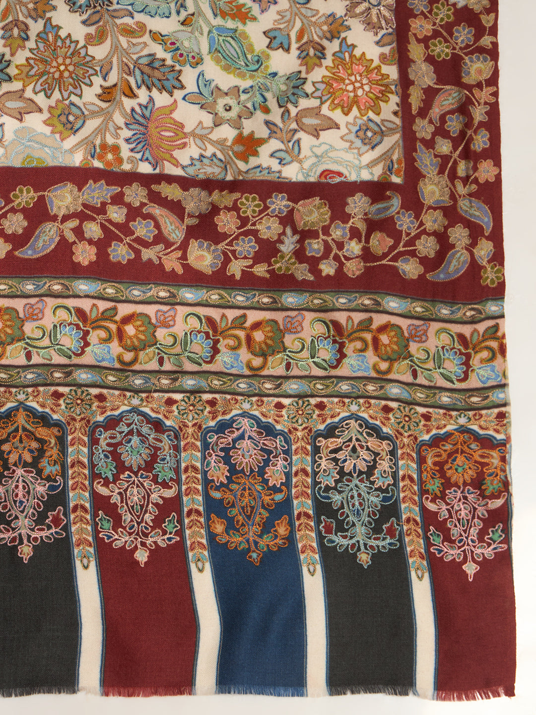 Women Royal Mehrab Fine Wool Fabric Kalamkari Embroidered Shawl