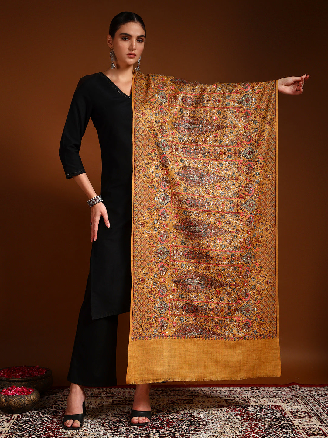 Pashmoda Women Nafeesah 100% Pure Wool Sozni Hand Embroidered Stole (Size-71x203cm)