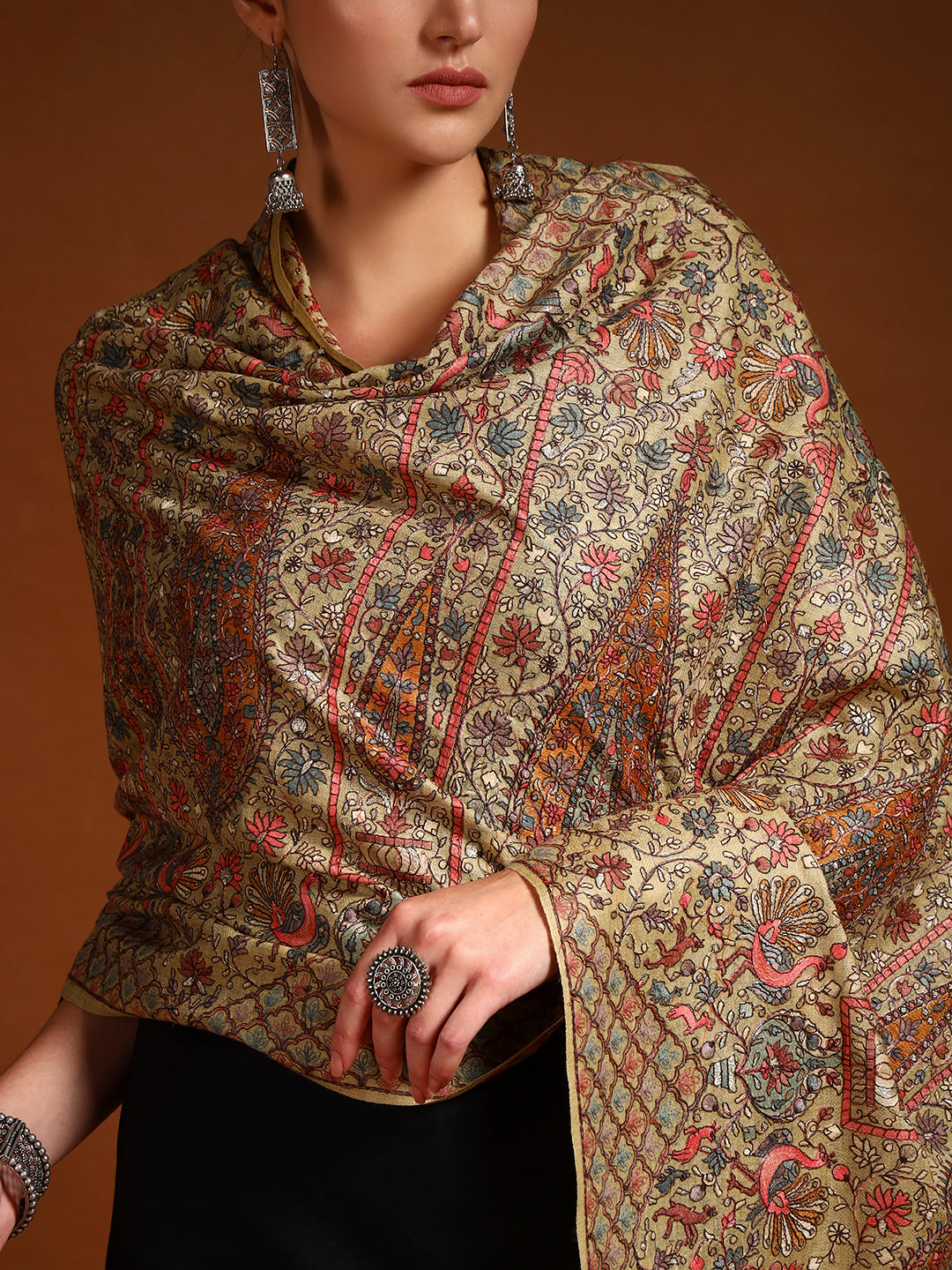 Pashmoda Women Nafeesah 100% Pure Wool Sozni Hand Embroidered Stole (Size-71x203cm)