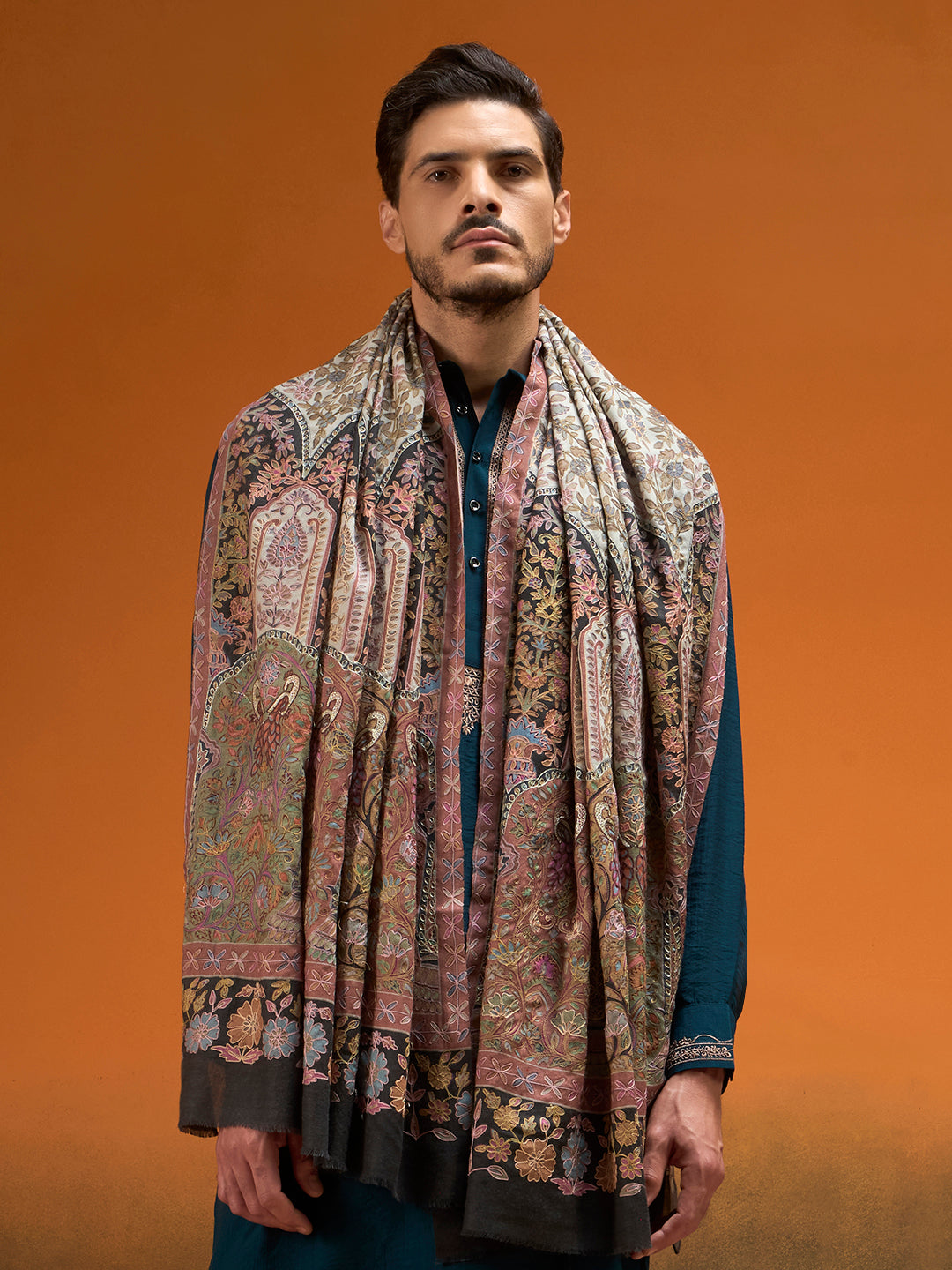Men Mughlia Bagg Fine Wool Kalamkari Embroidered Shawl