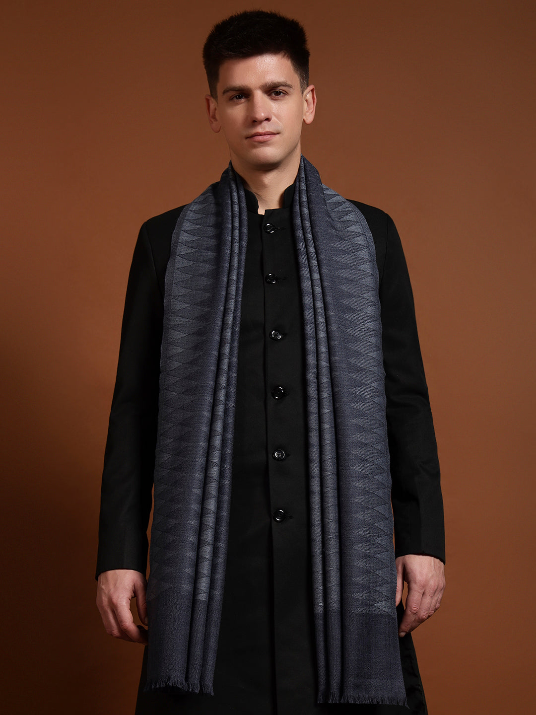 Pashmoda Men 100% Pure Wool Checkered Ikat Stole, Natural & Sustainable Shawl Wrap, Heritage Kashmiri Pashmina Style, Blue Colour (28 x 80 Inches)