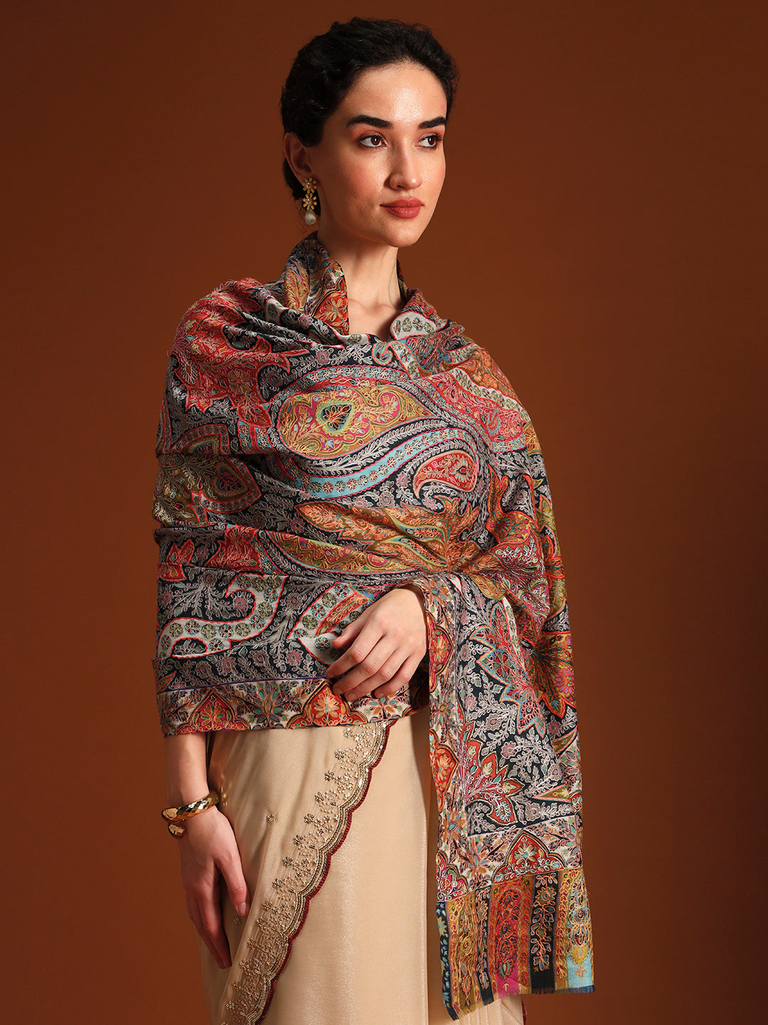 Women Stained Glass Fine Wool Fabric Kalamkari Embroidered Shawl,