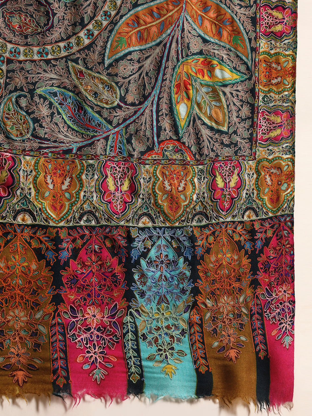 Women Chroma Royale Fine Wool Fabric Kalamkari Embroidered Shawl
