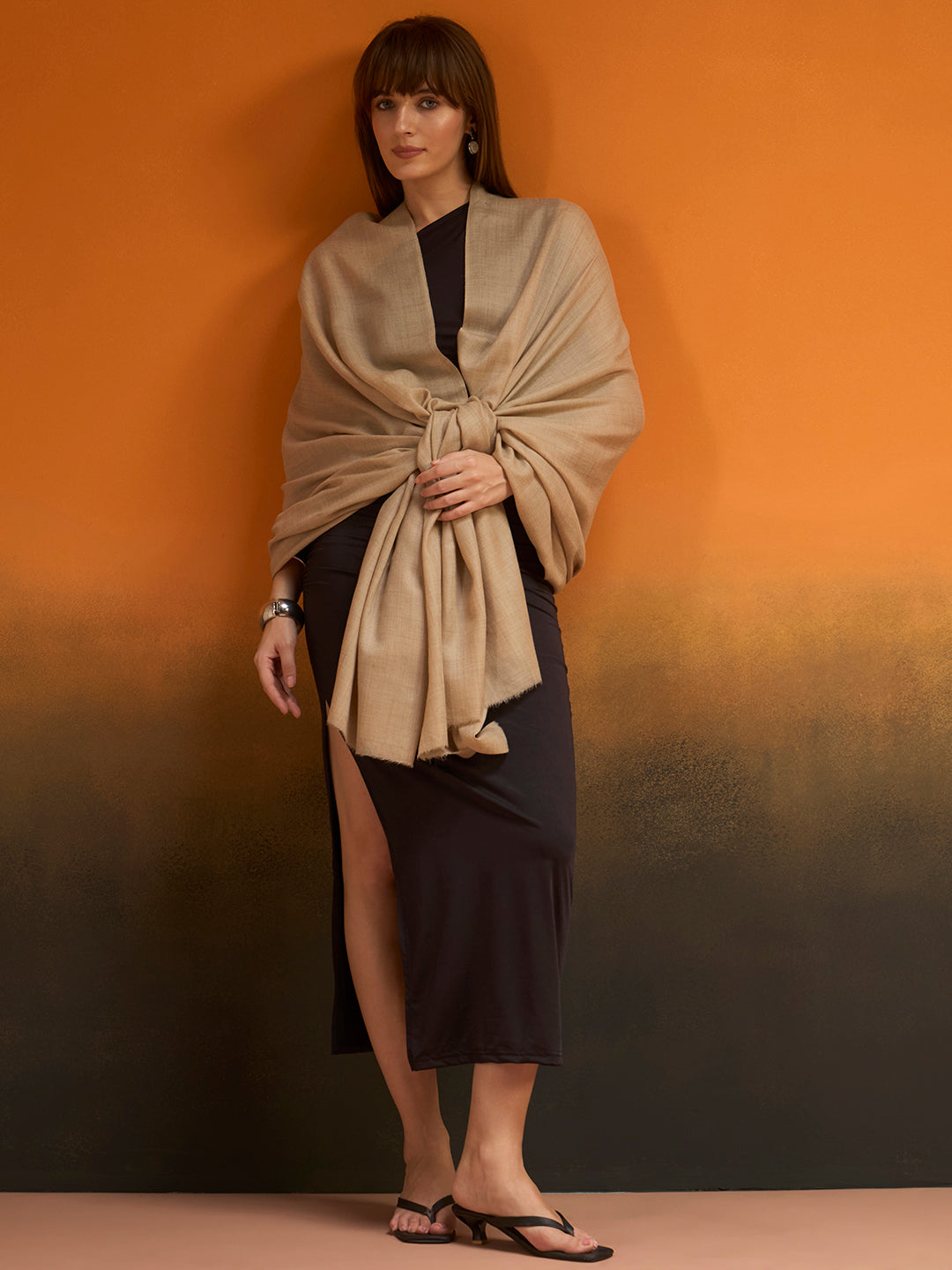 Women Verdant Grace Fine Wool Blend Solid Melange Shawl