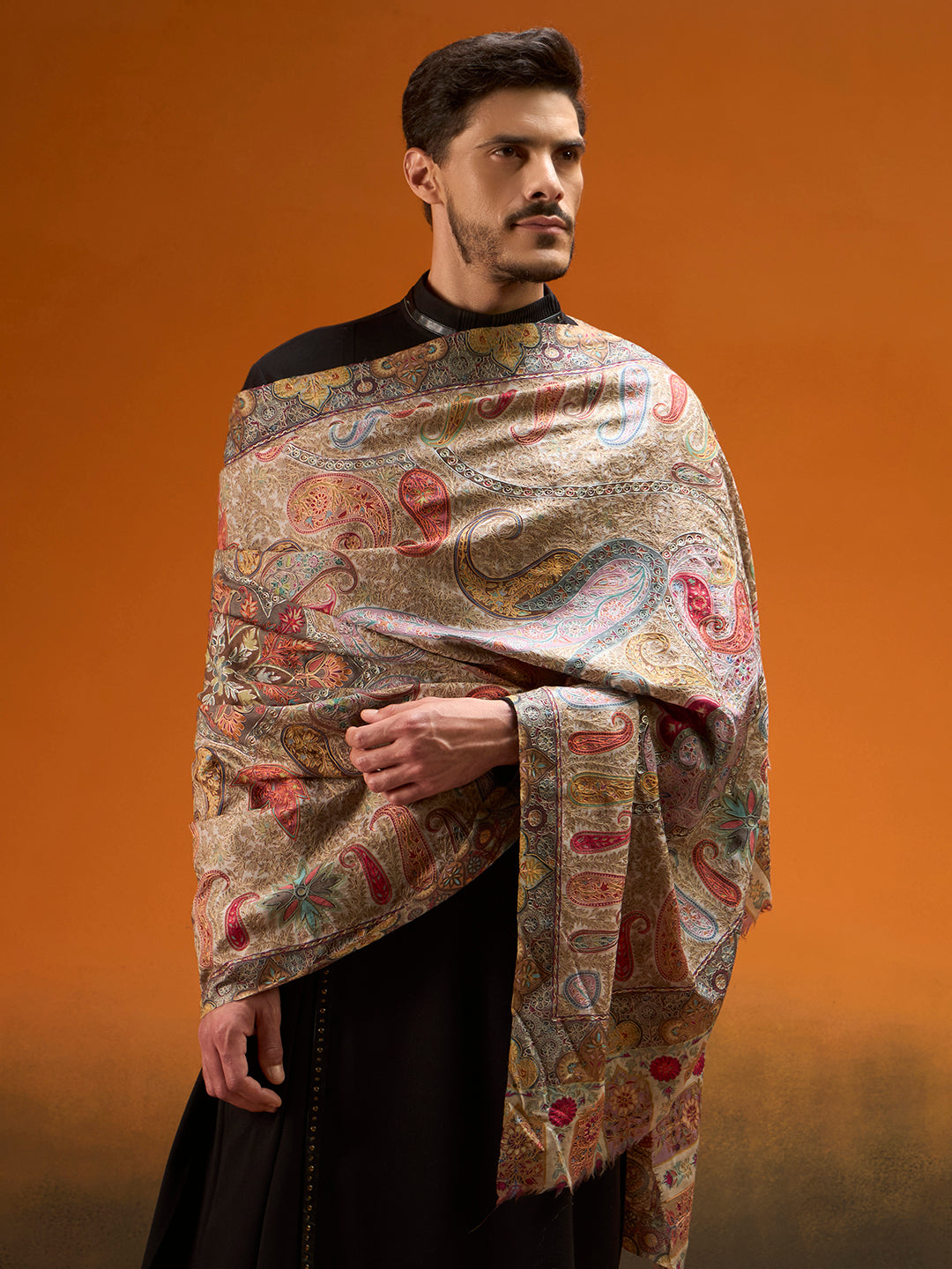 Men Paisley Promenade Fine Wool Kalamkari Embroidered Shawl