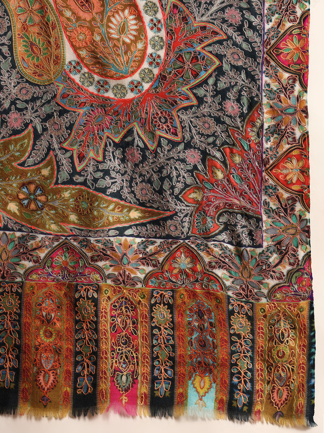 Women Stained Glass Fine Wool Fabric Kalamkari Embroidered Shawl,
