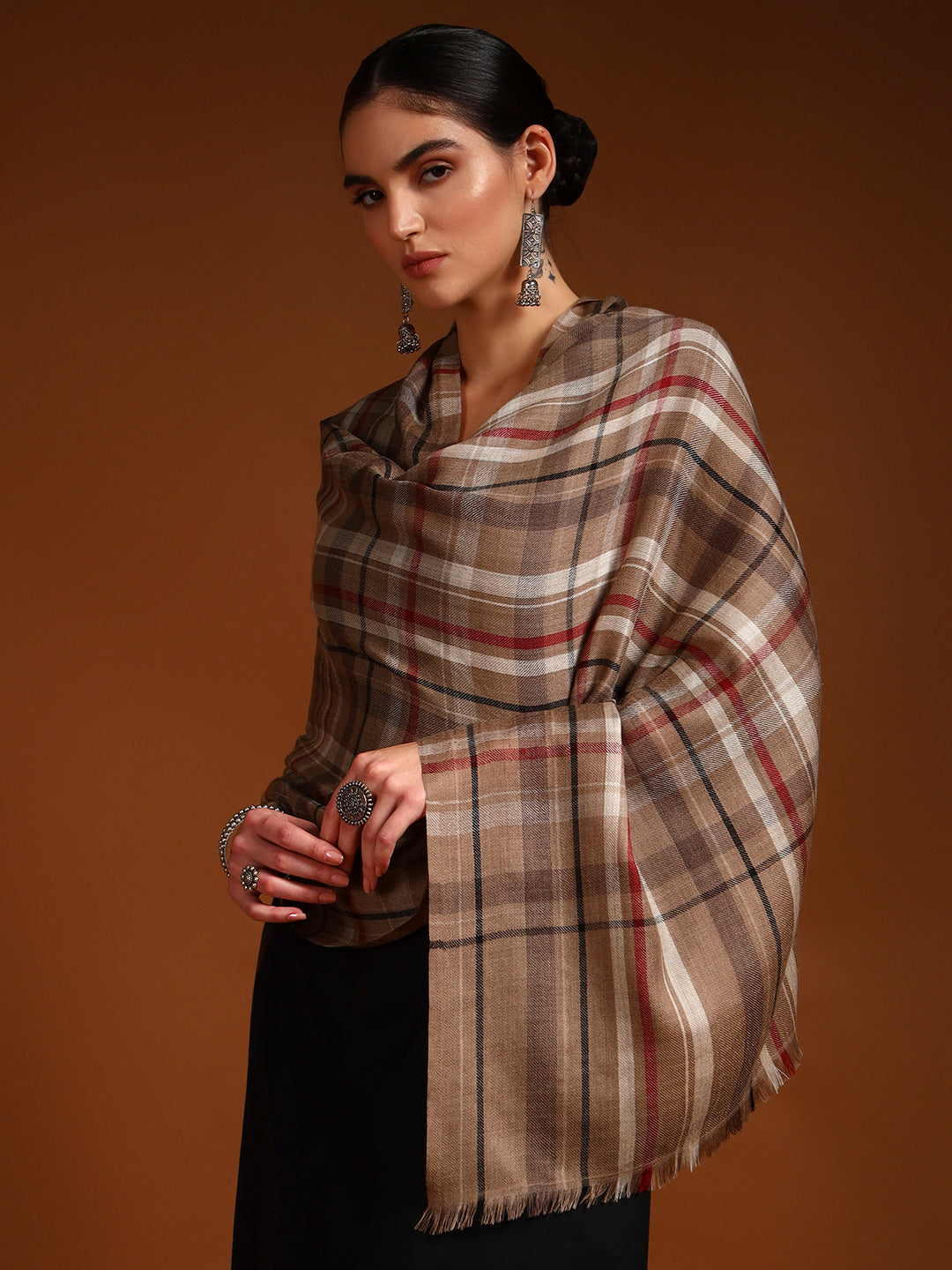 Women 100% Pure Wool Checkered Stole, Sustainable and Natural Fabric (Size 71x203 CM)