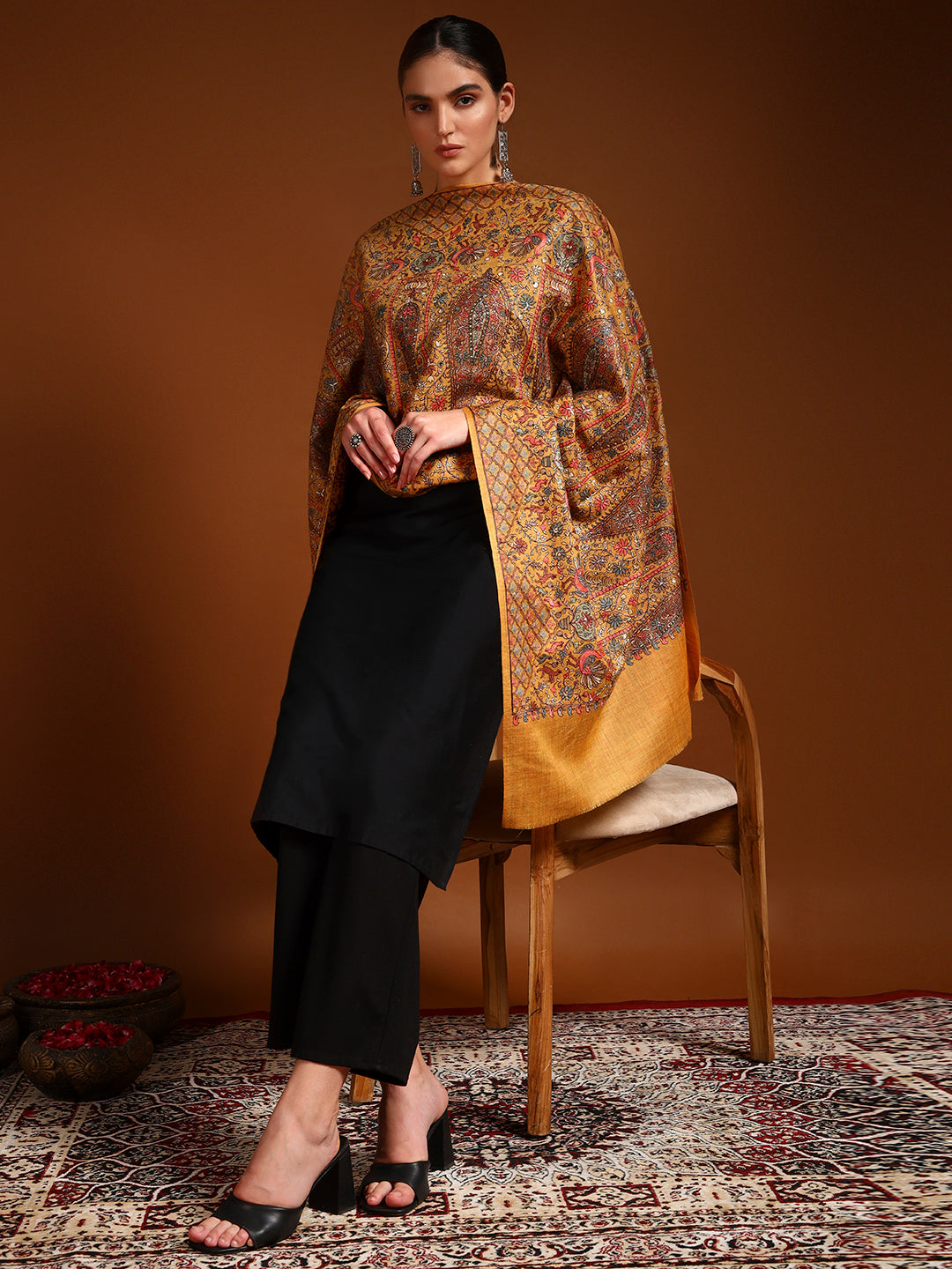 Pashmoda Women Nafeesah 100% Pure Wool Sozni Hand Embroidered Stole (Size-71x203cm)