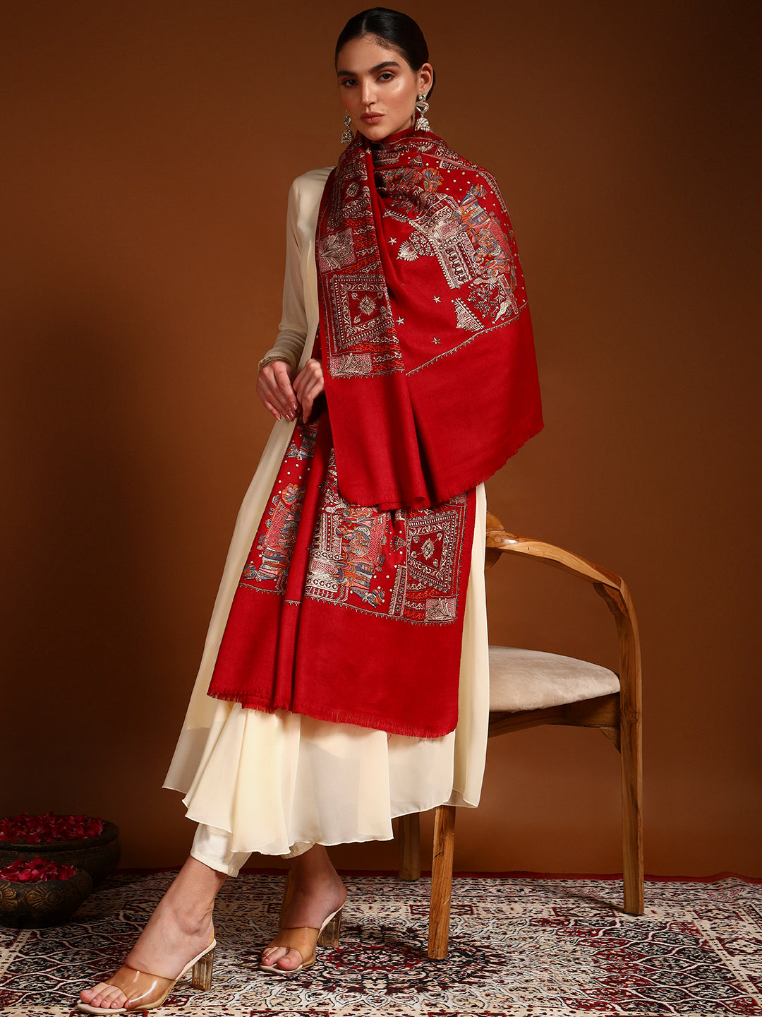 Pashmoda Women Zavian 100% Pure Wool Sozni Hand Embroidered Shawl (Size: 101x203 Cm)