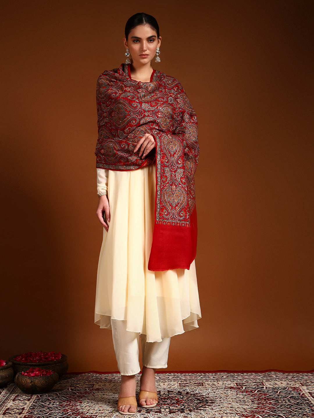 Pashmoda Women Rehnan 100% Pure Wool Sozni Hand Embroidered Shawl (Size: 101x203 Cm)