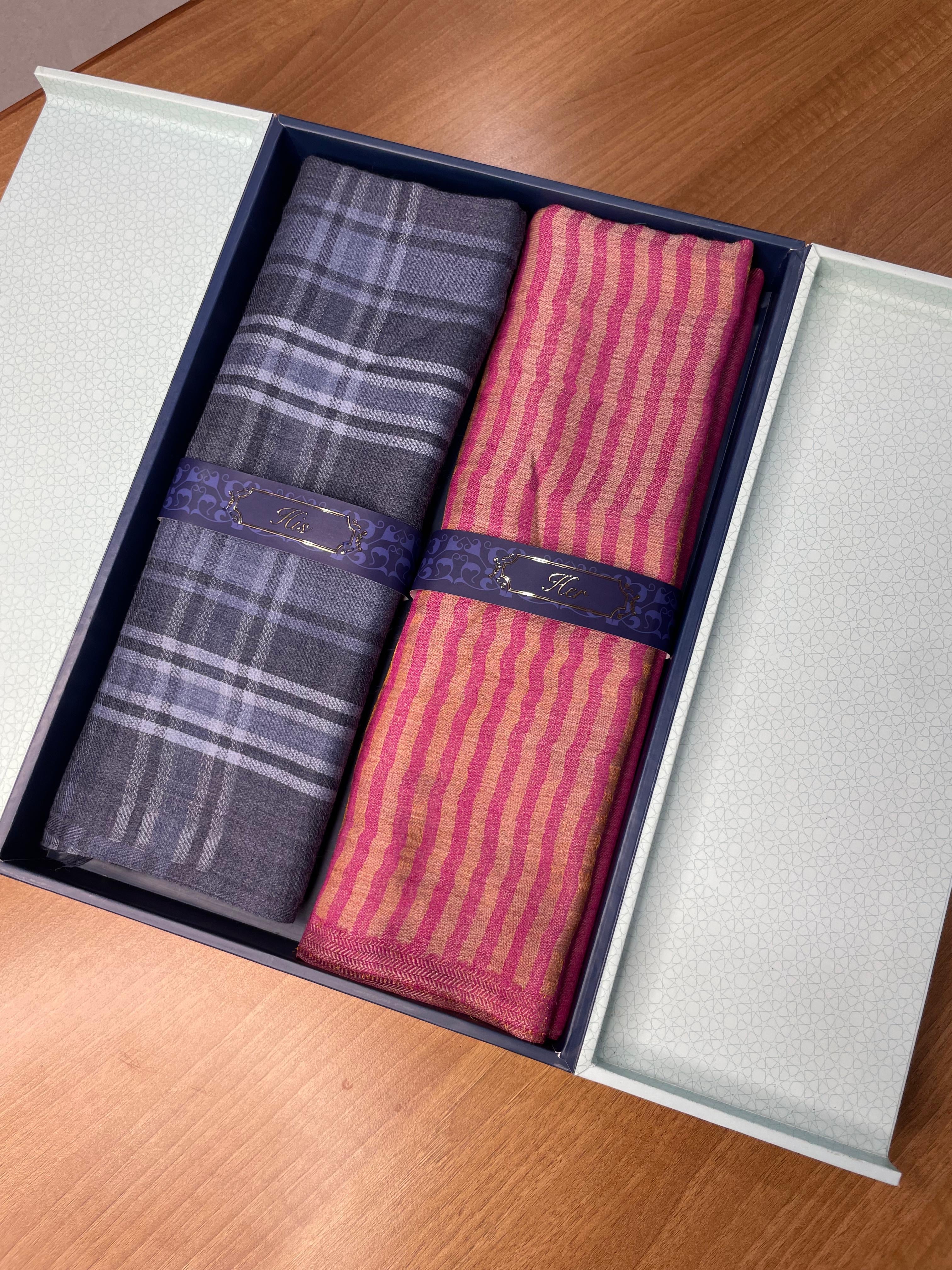 His and Her Gift Set of 100% Pure Wool Check Stole and Zari Stole With Wooden Gift Box