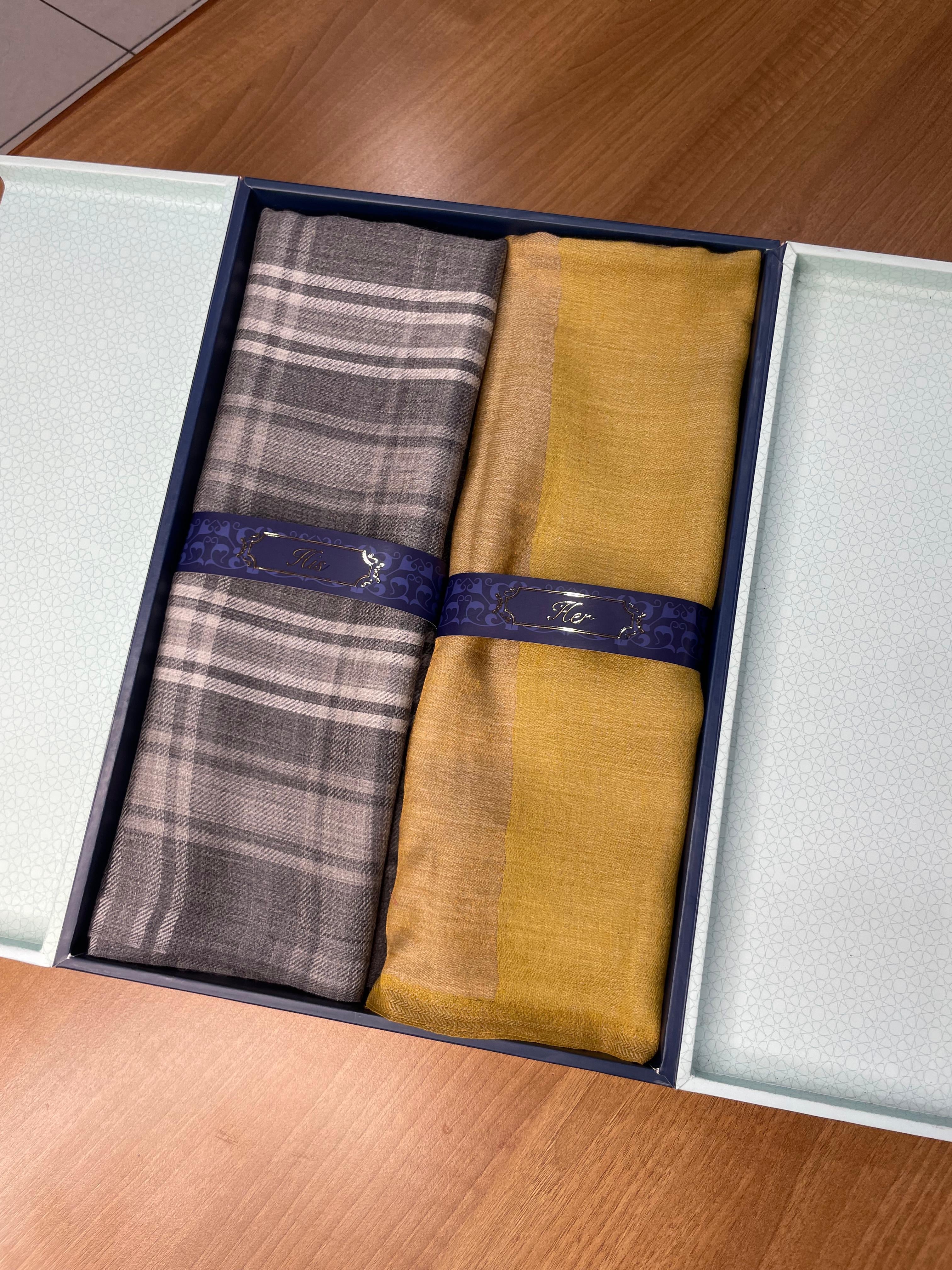 His and Her Gift Set of 100% Pure Wool Check Stole and Zari Stole With Wooden Gift Box