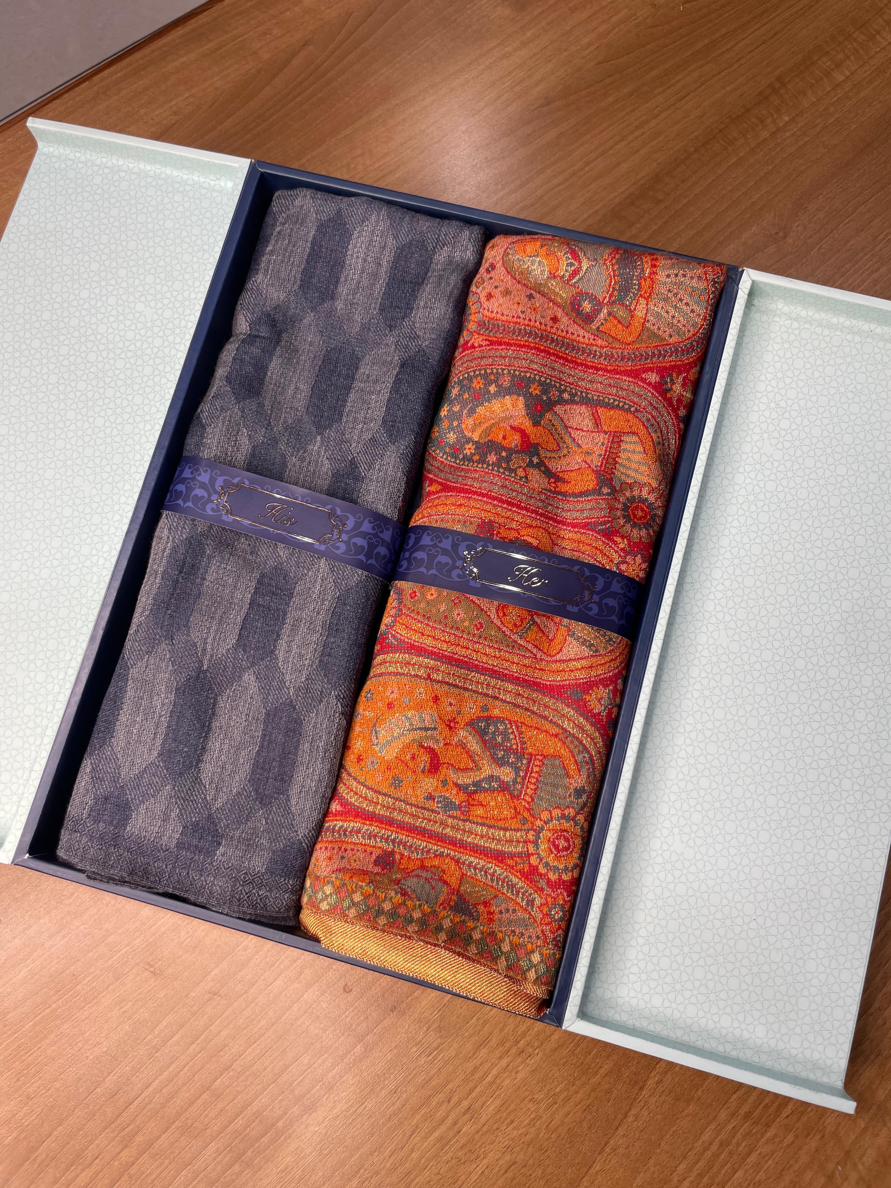 His and Her Gift Set of 100% Pure Wool Check Stole and Zari Kaani Shawl With Wooden Gift Box