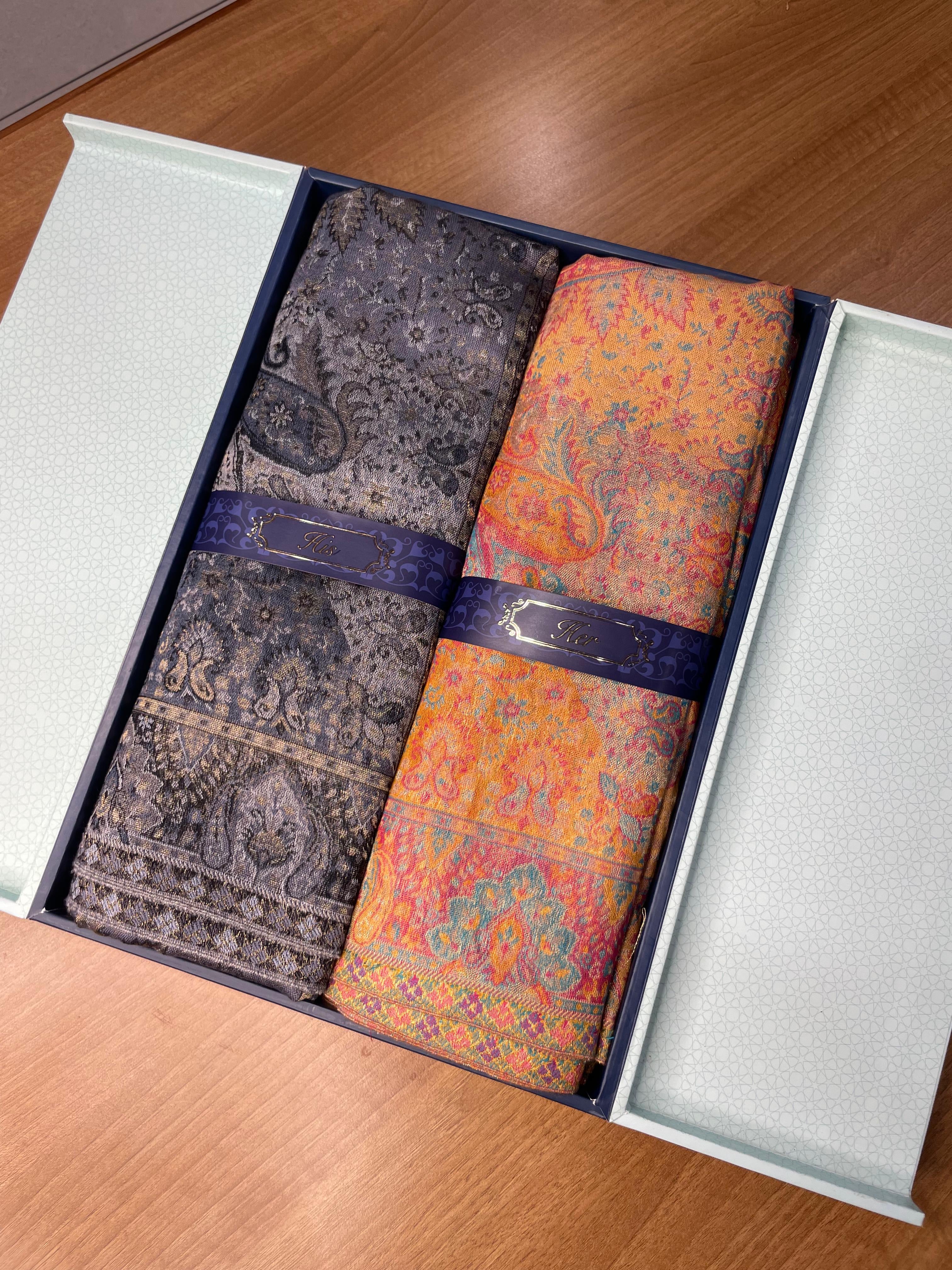 His and Her Gift Set of Zari Kaani Shawls With Wooden Gift Box
