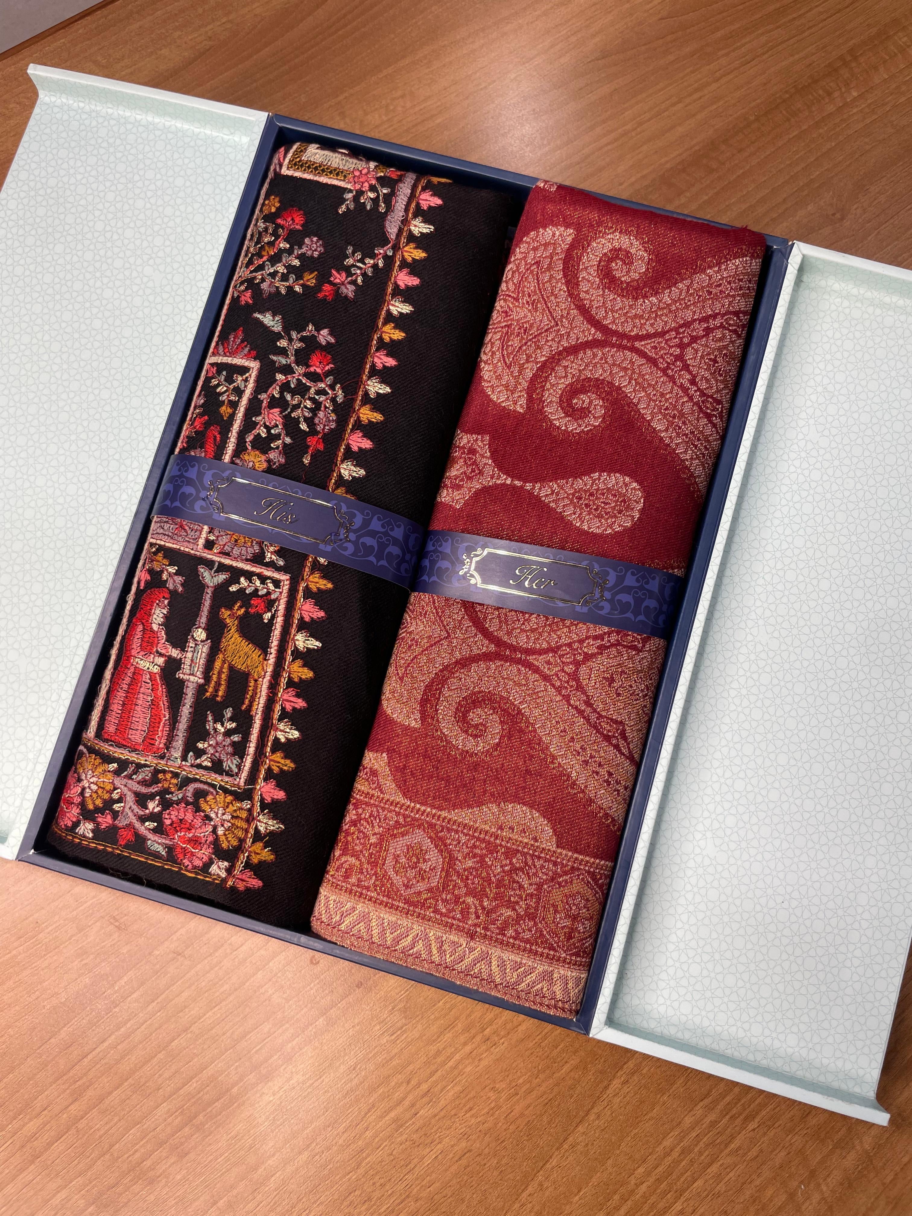 His and Her Gift Set of 100% Pure Wool Sozni Embroidered Shawl and Zari Kaani Shawl With Wooden Gift Box
