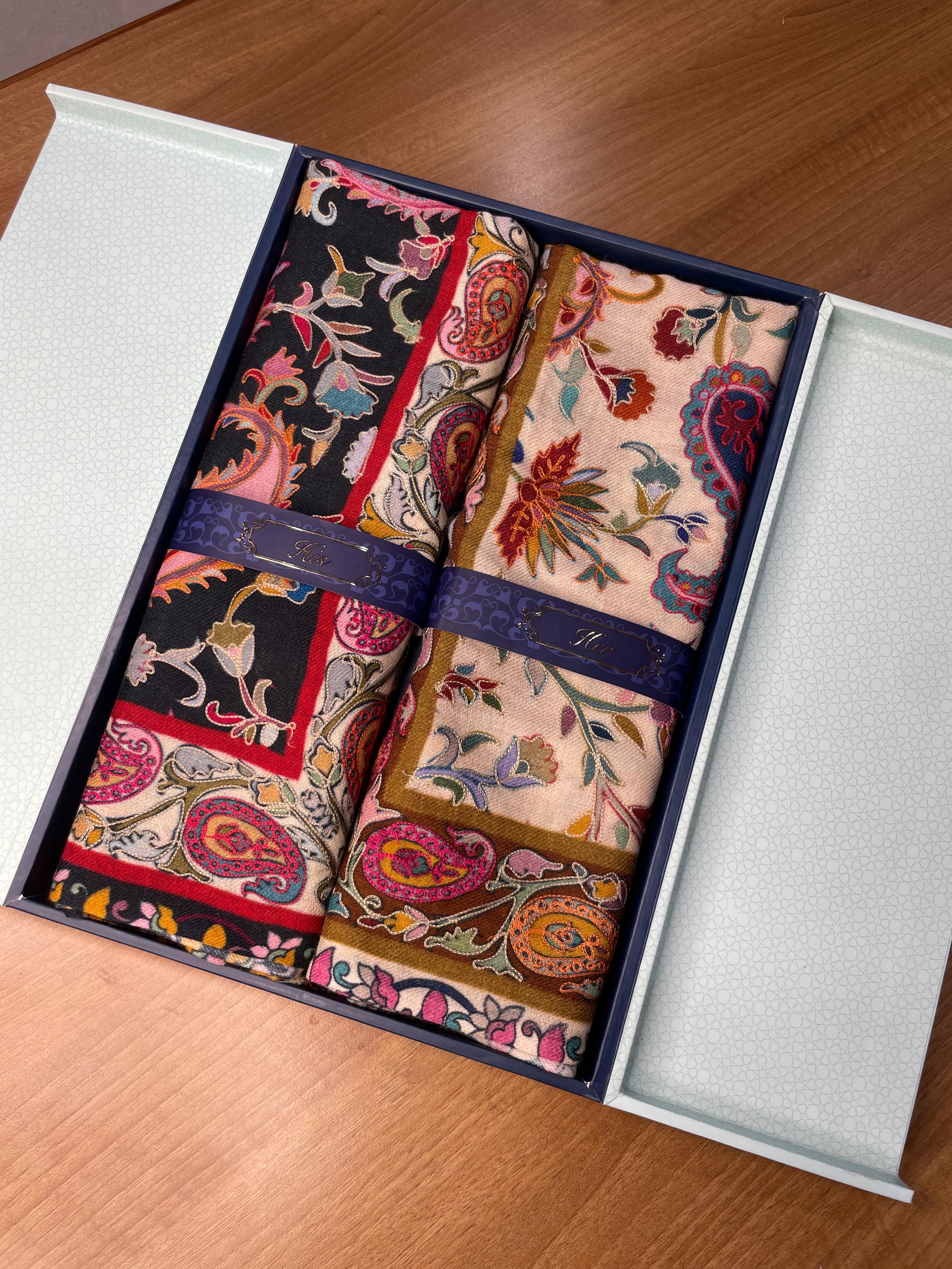 His and Her Gift Set of 100% Pure Wool Kalamkari Stoles With Wooden Gift Box
