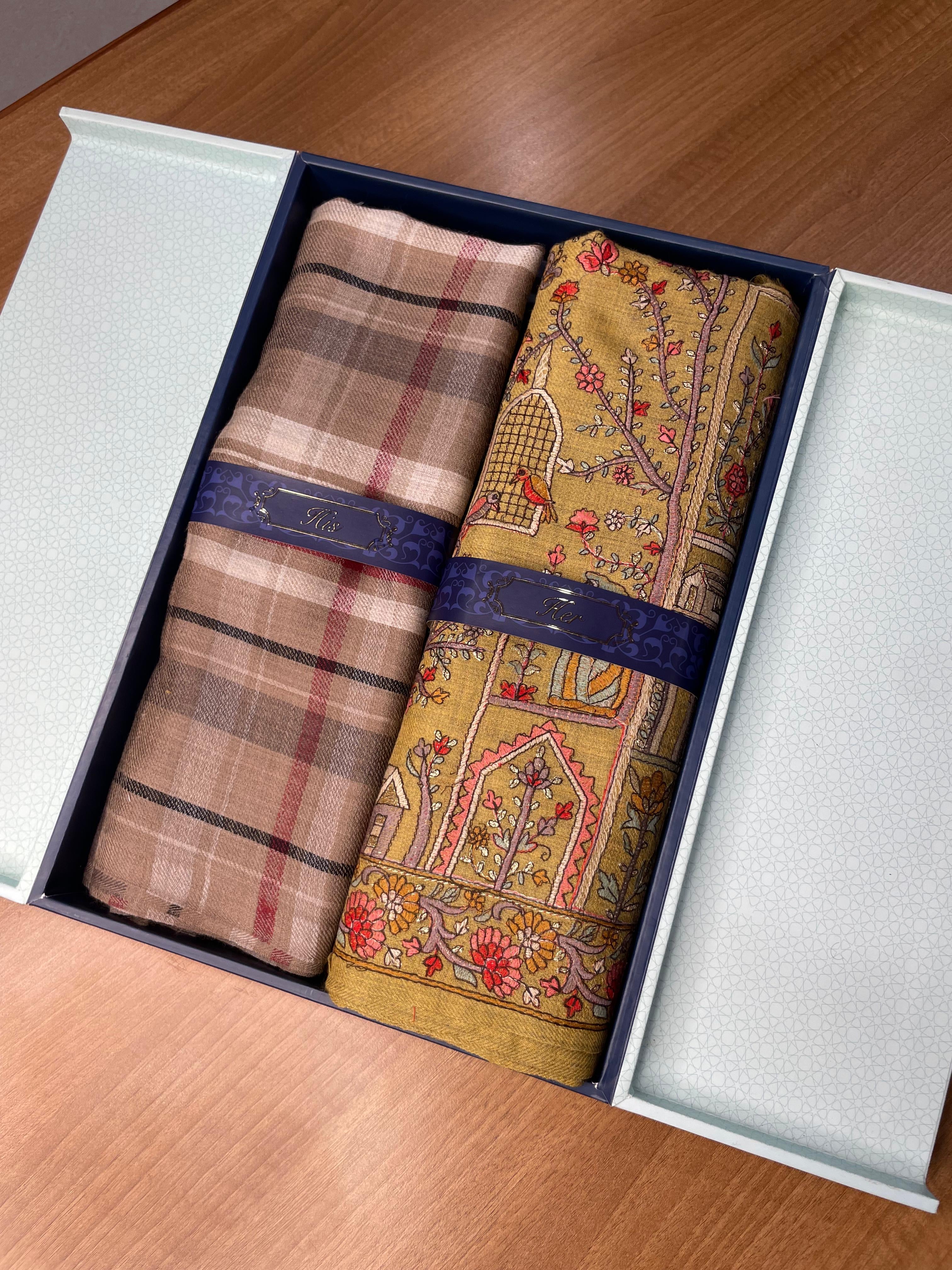 His and Her Gift Set of 100% Pure Wool Check Stole and 100% Pure Wool Sozni Embroidered Shawl With Wooden Gift Box