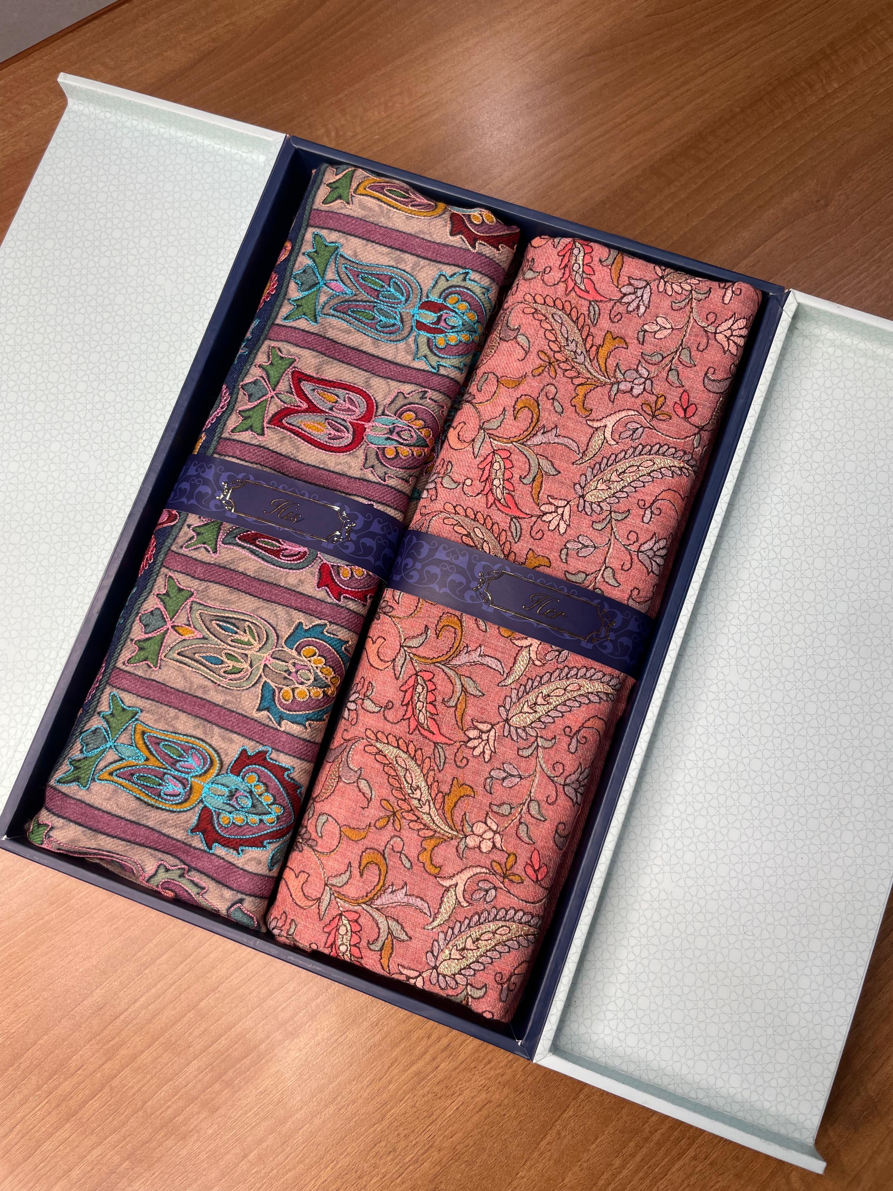 His and Her Gift Set of 100% Pure Wool Kalamkari Stole and Sozni Embroidered Stole With Wooden Gift Box