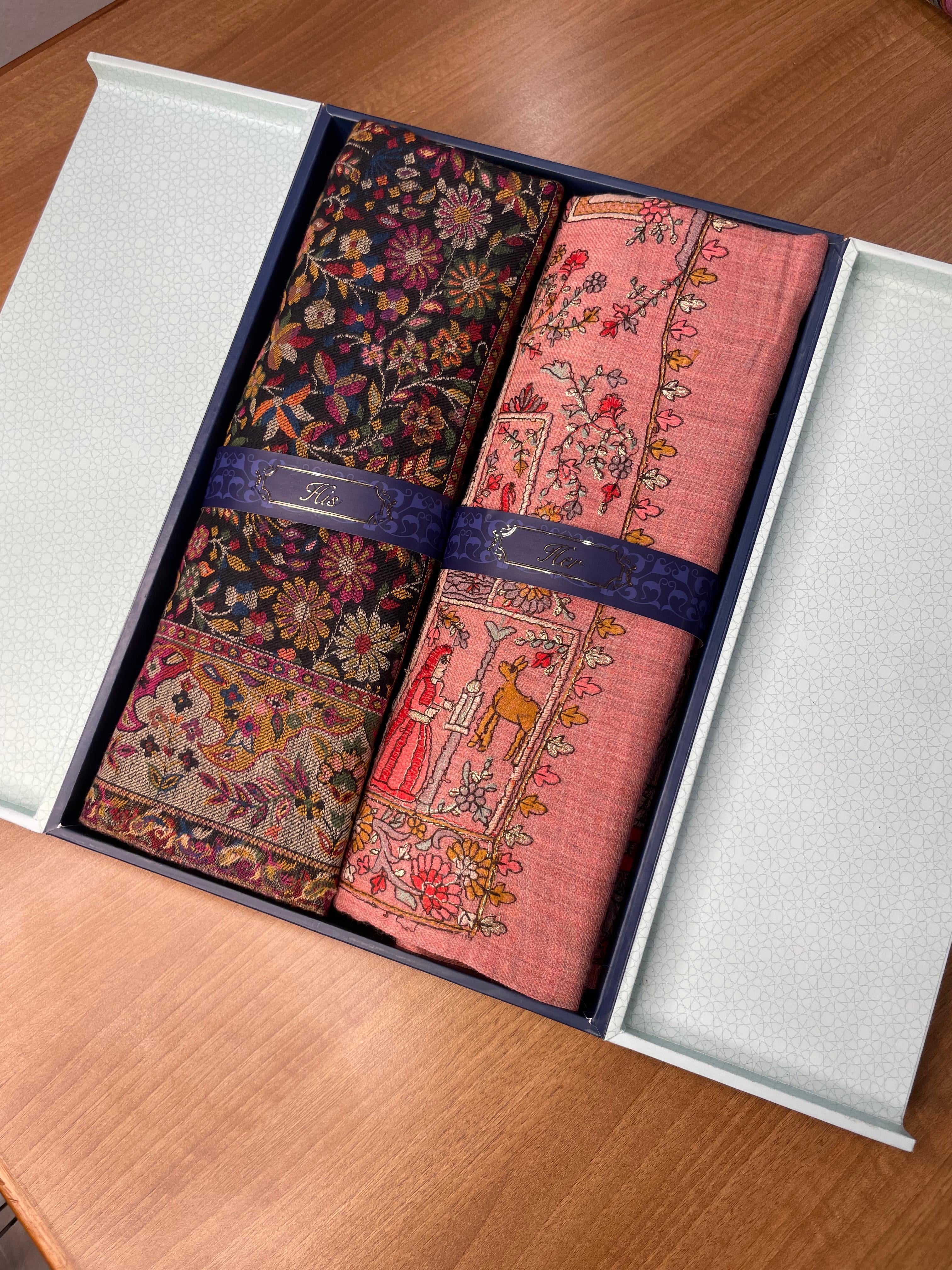 His and Her Gift Set of Kaani Shawl and 100% Pure Wool Sozni Embroidered Stole With Wooden Gift Box