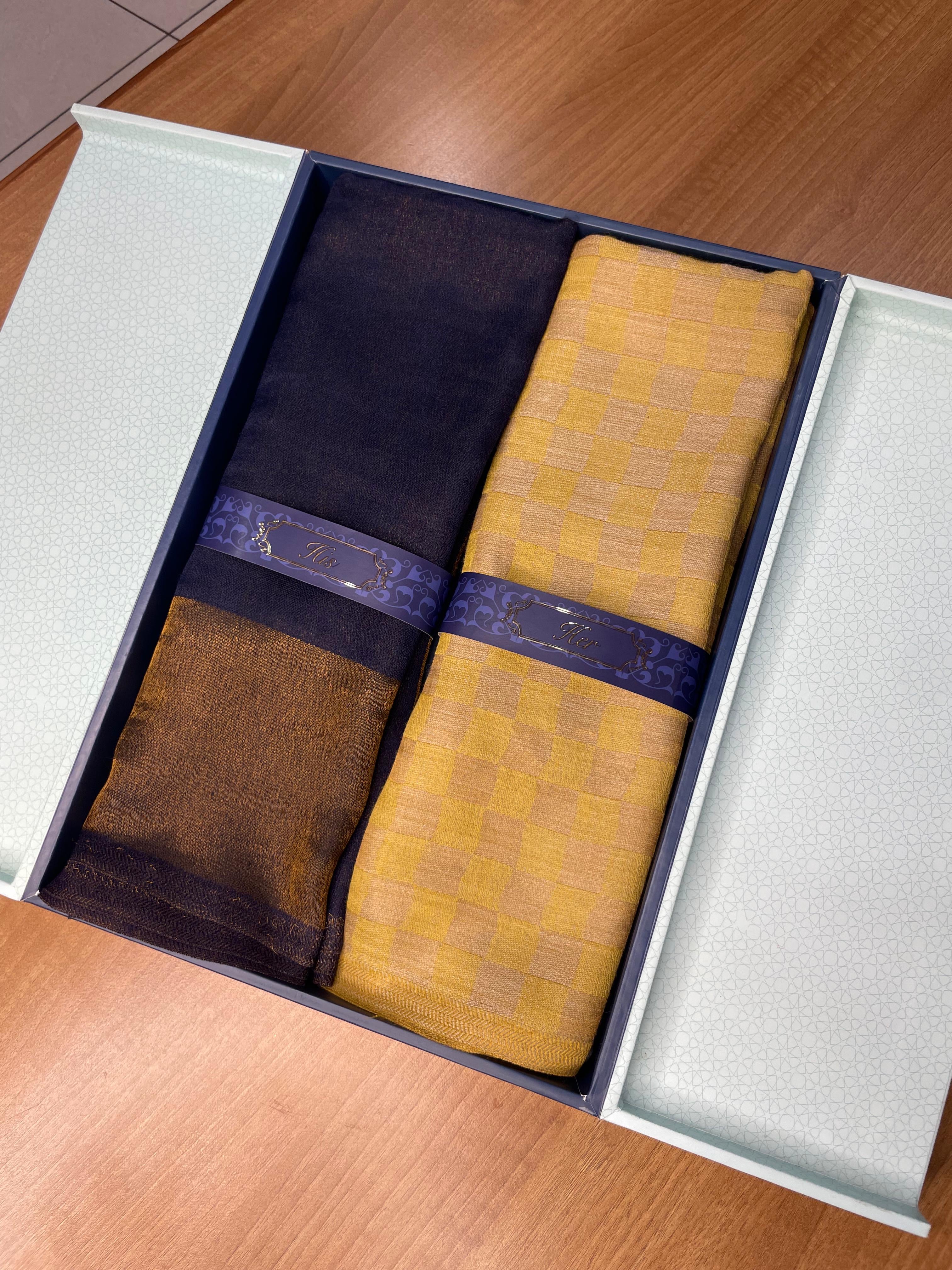 His and Her Gift Set of Zari Stoles With Wooden Gift Box