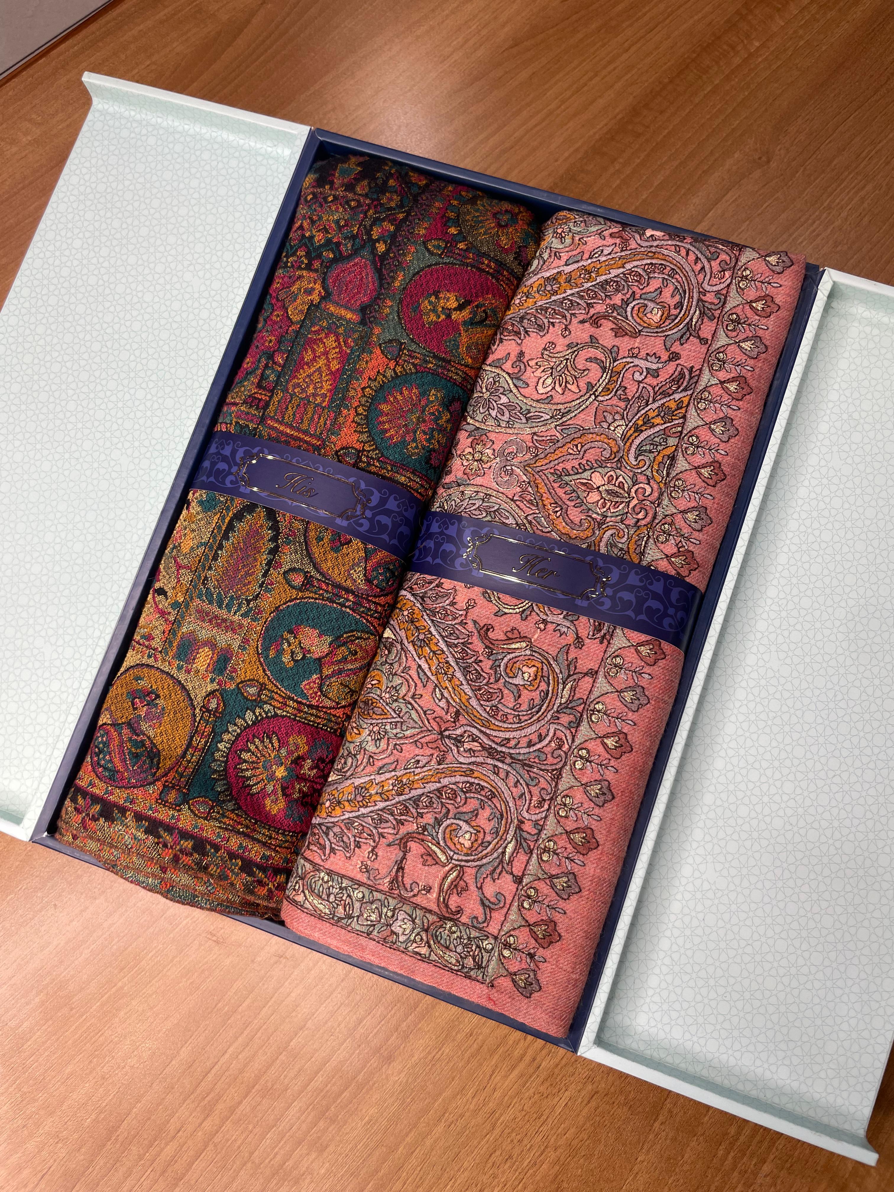 His and Her Gift Set of Zari Kaani Shawl and 100% Pure Wool Sozni Embroidered Shawl With Wooden Gift Box
