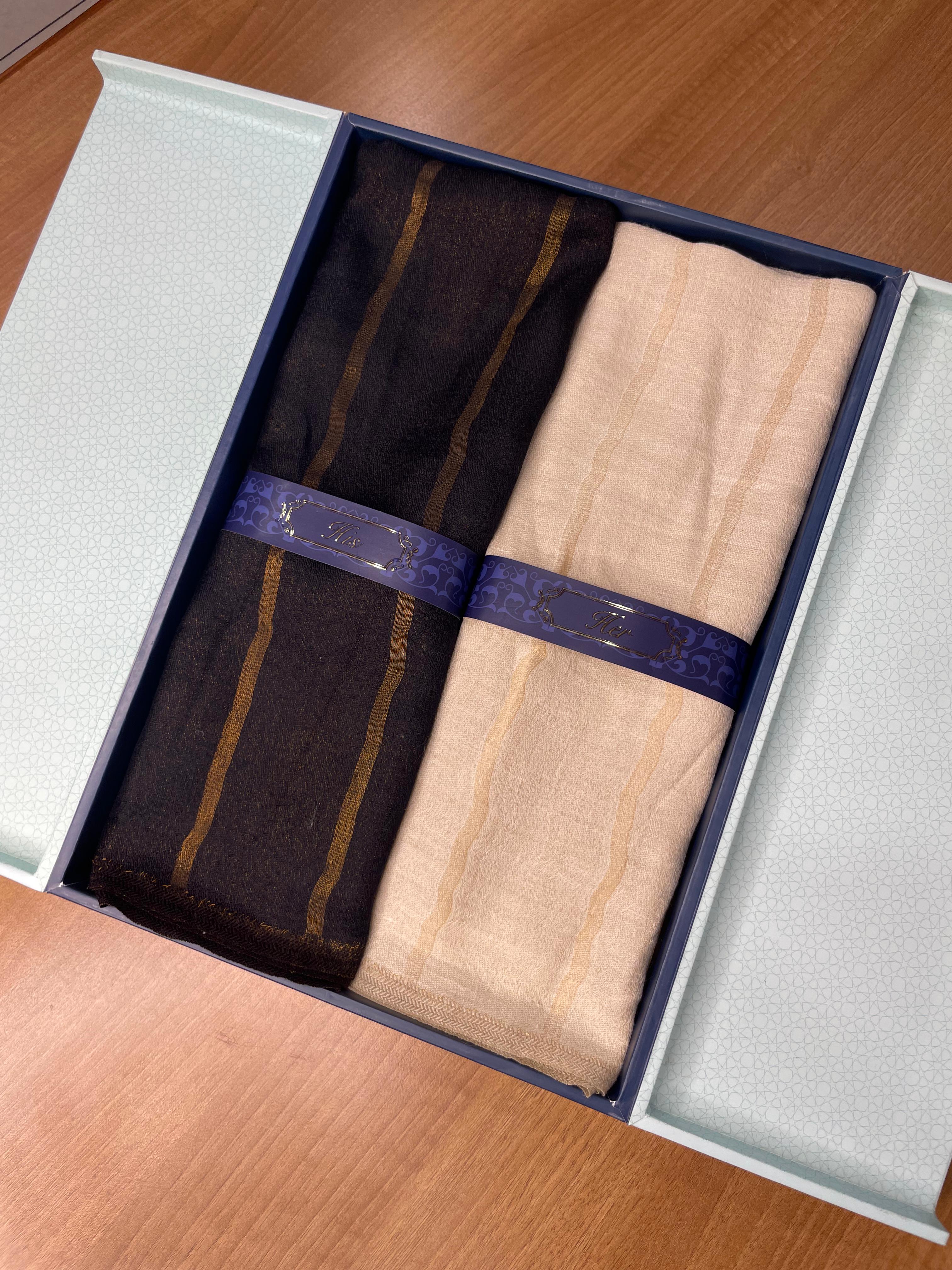 His and Her Gift Set of Zari Stoles With Wooden Gift Box