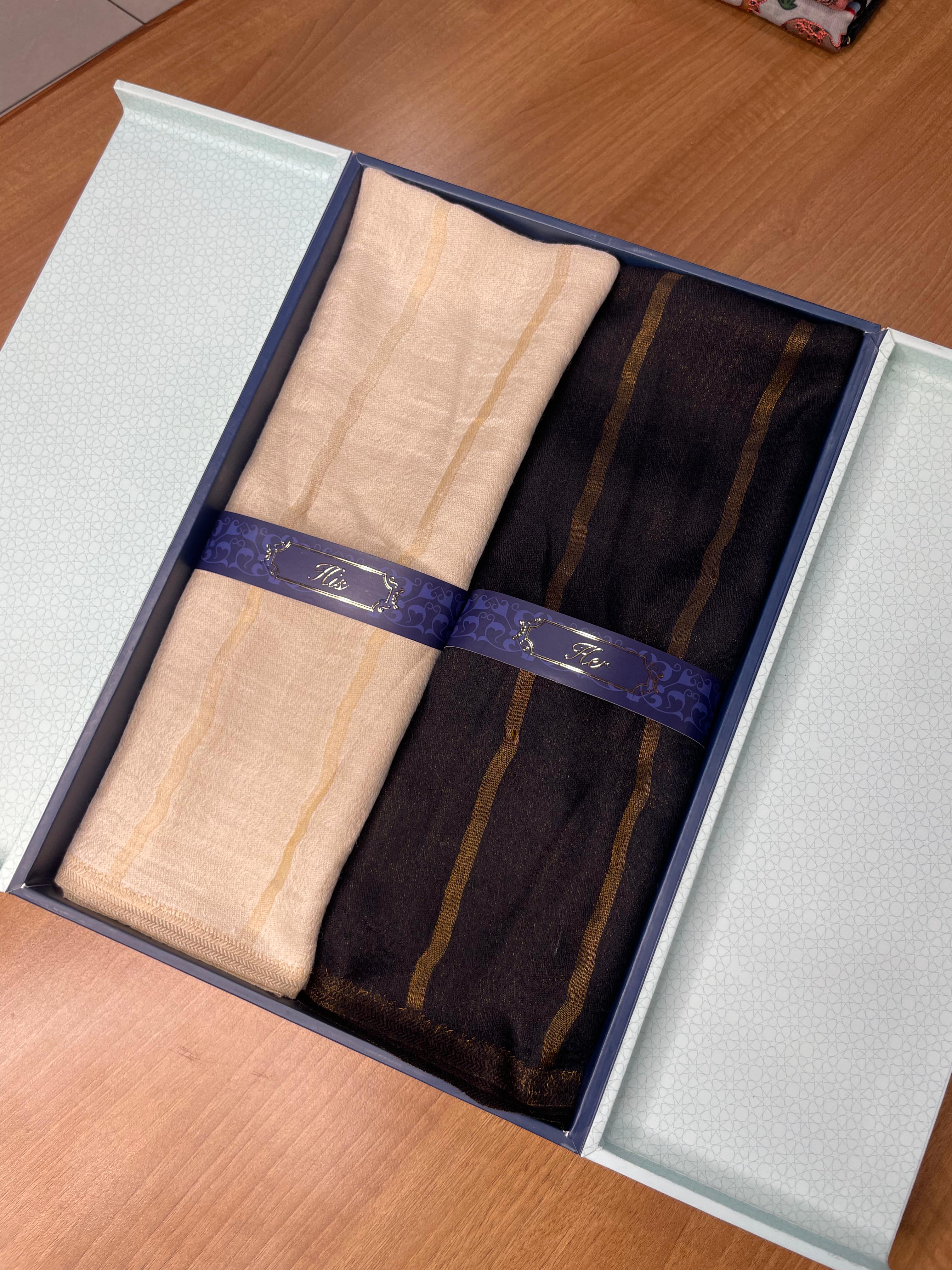 His and Her Gift Set of Zari Stoles With Wooden Gift Box
