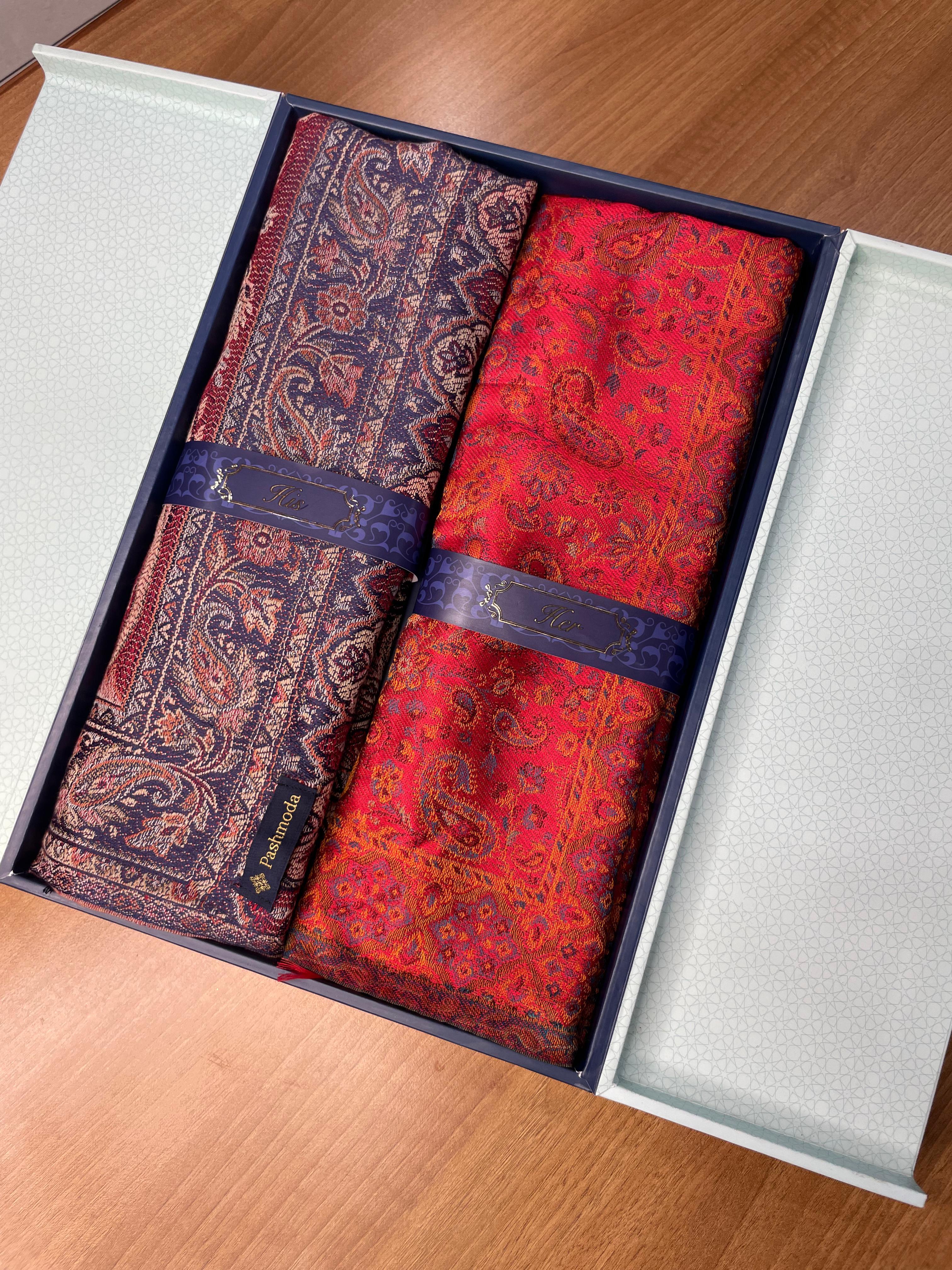His and Her Gift Set of Jamavar Shawl and kaani Stole With Wooden Gift Box