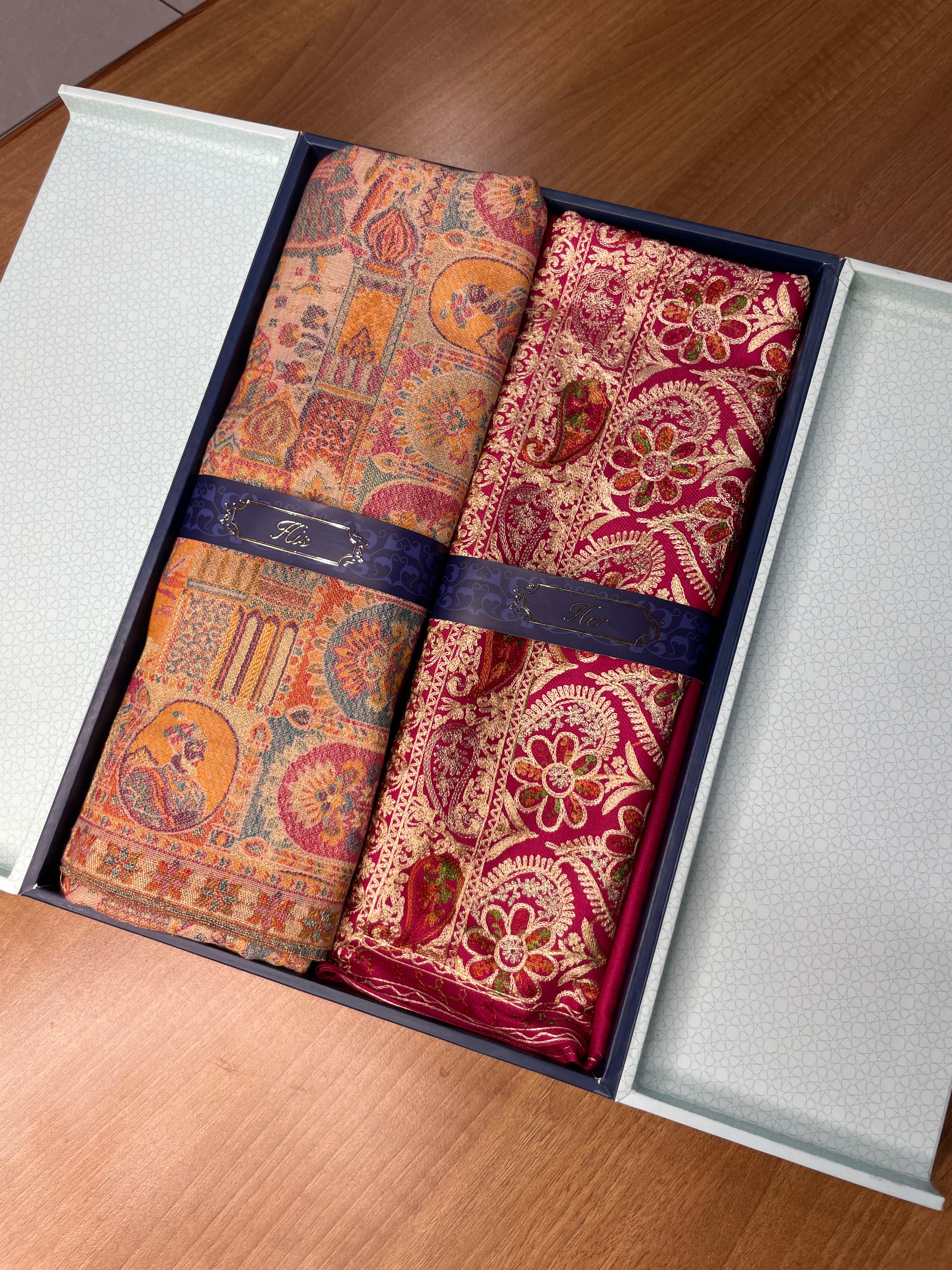 His and Her Gift Set of Zari Kaani Shawl and Embroidered Stole With Wooden Gift Box