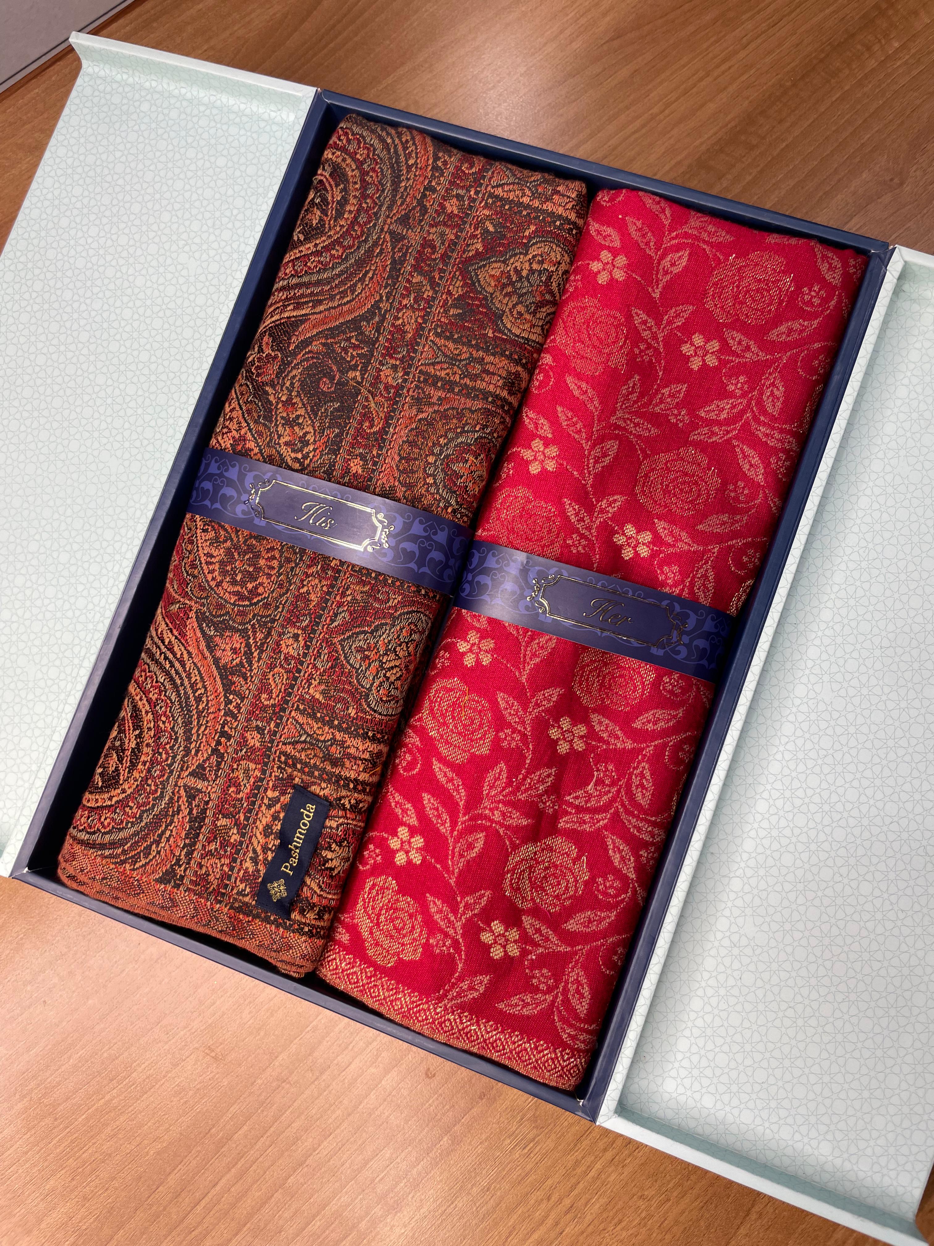 His and Her Gift Set of Jamavar Shawl and kaani Stole With Wooden Gift Box