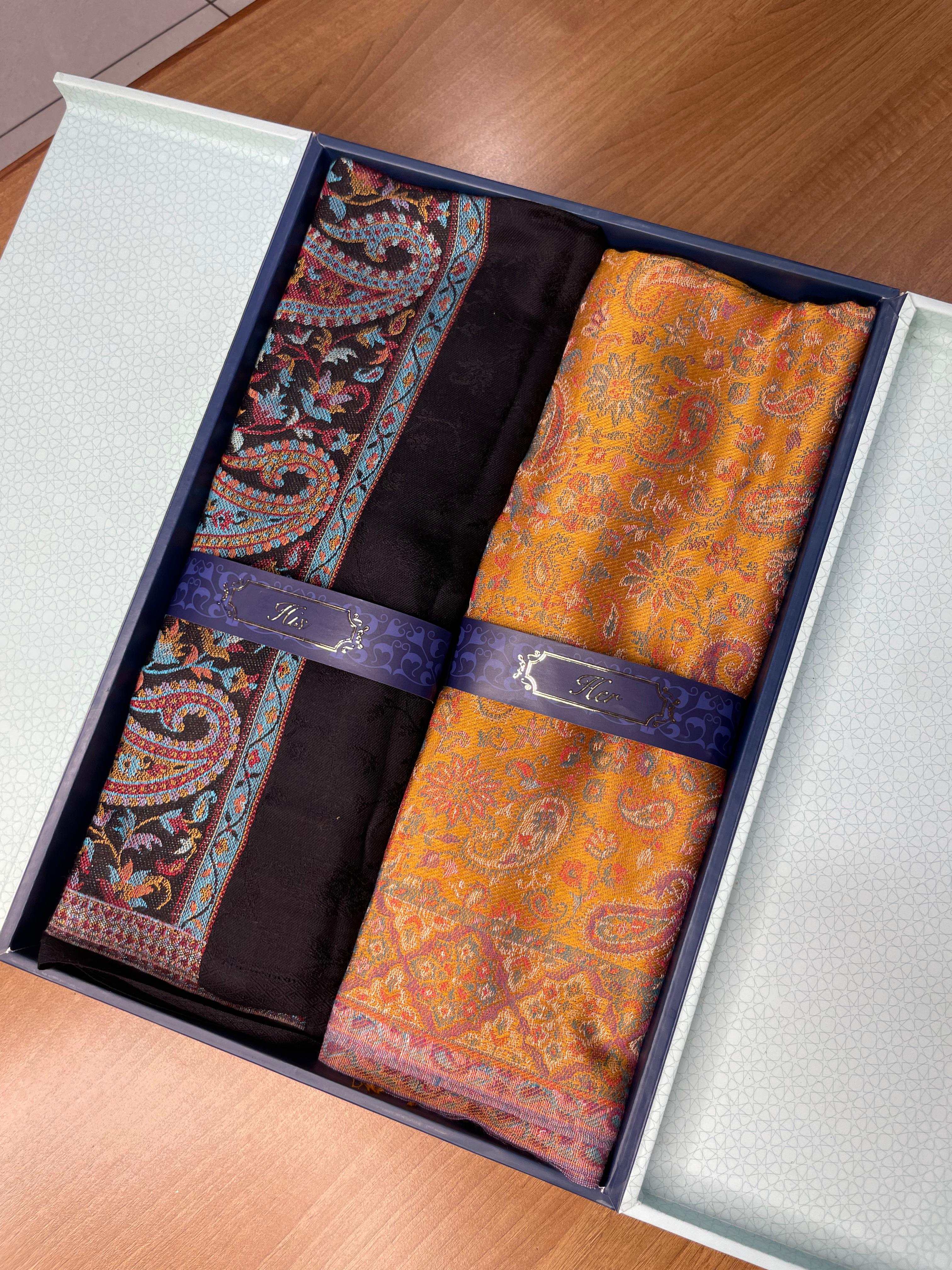 His and Her Gift Set of Kaani Stoles With Wooden Gift Box