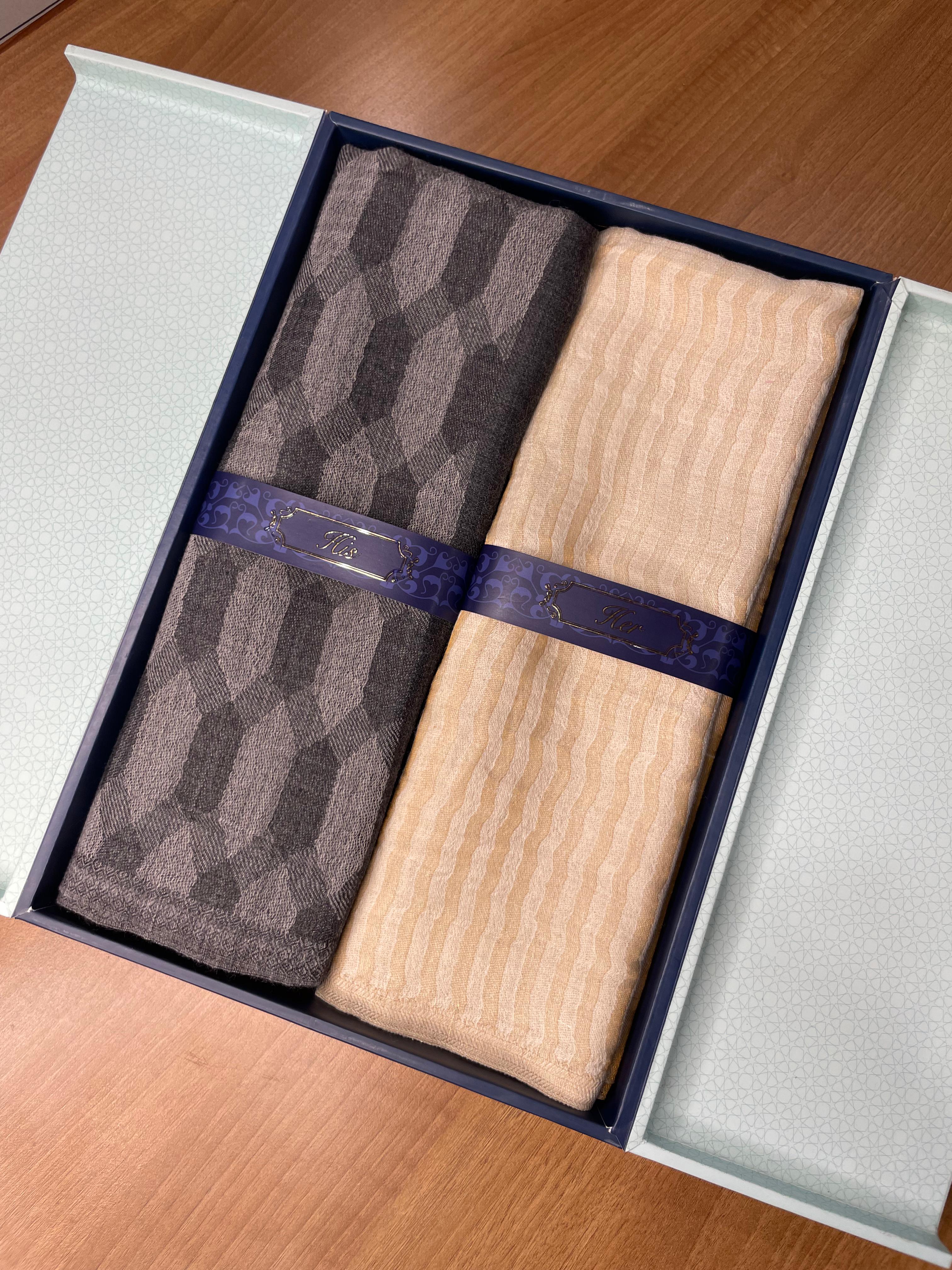 His and Her Gift Set of 100% Pure Wool Check Stole and Zari Stole With Wooden Gift Box