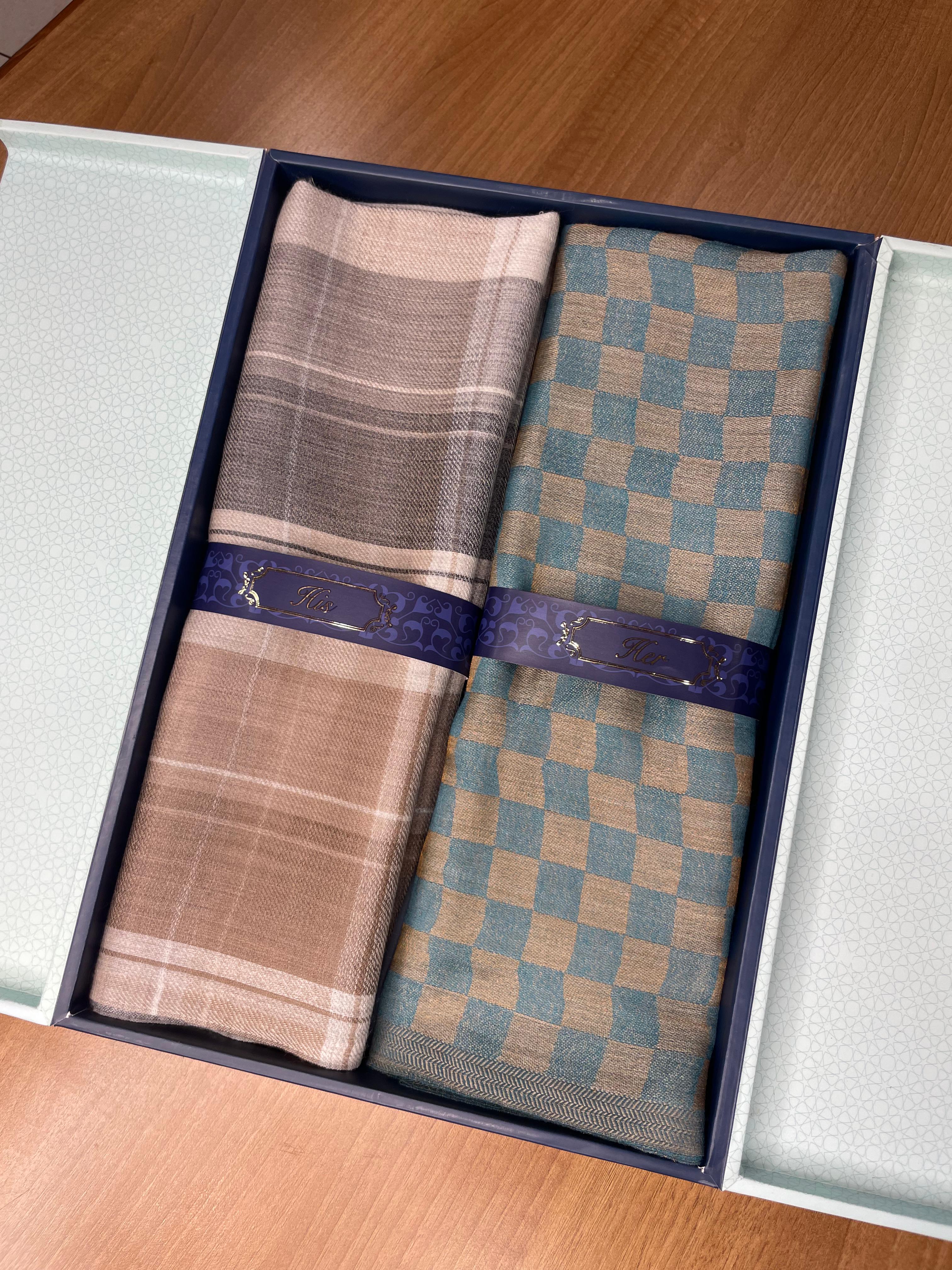 His and Her Gift Set of 100% Pure Wool Check Stole and Zari Stole With Wooden Gift Box
