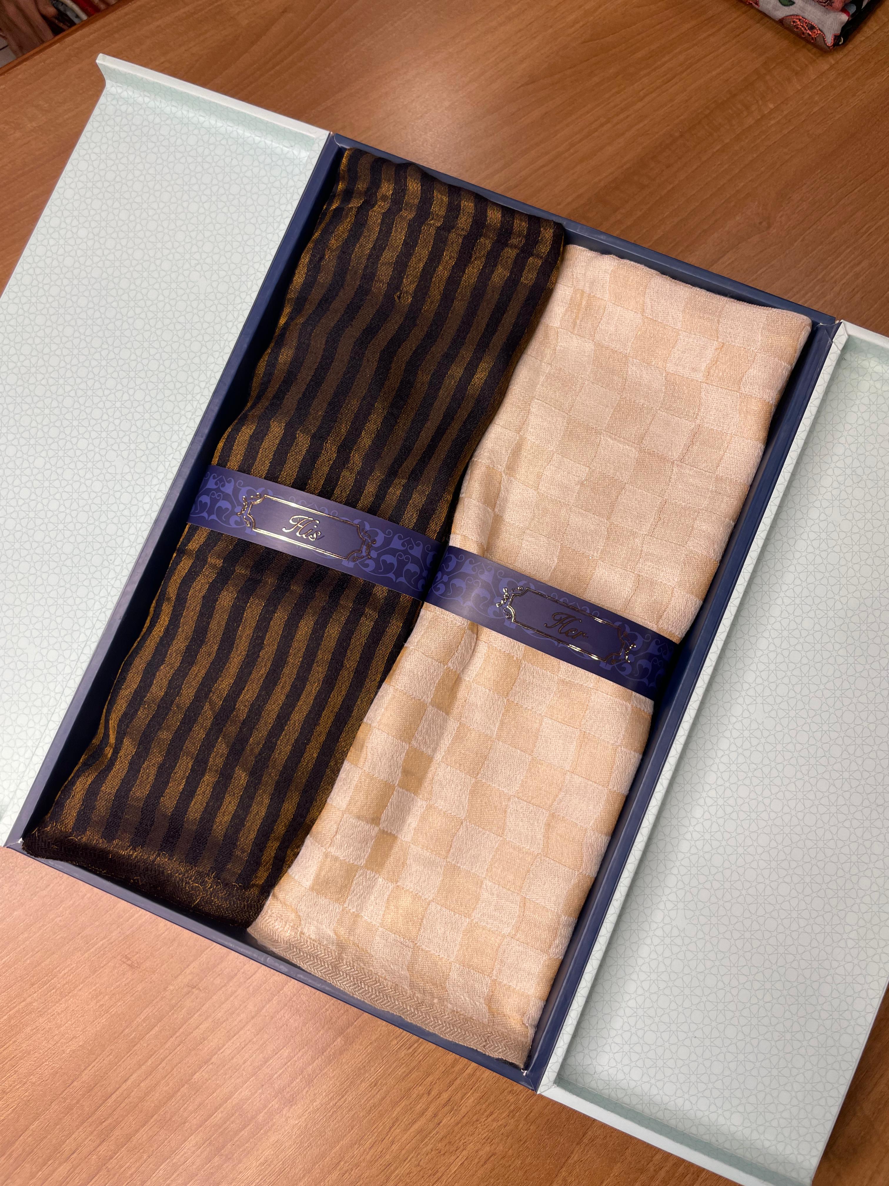 His and Her Gift Set of Zari Stoles With Wooden Gift Box