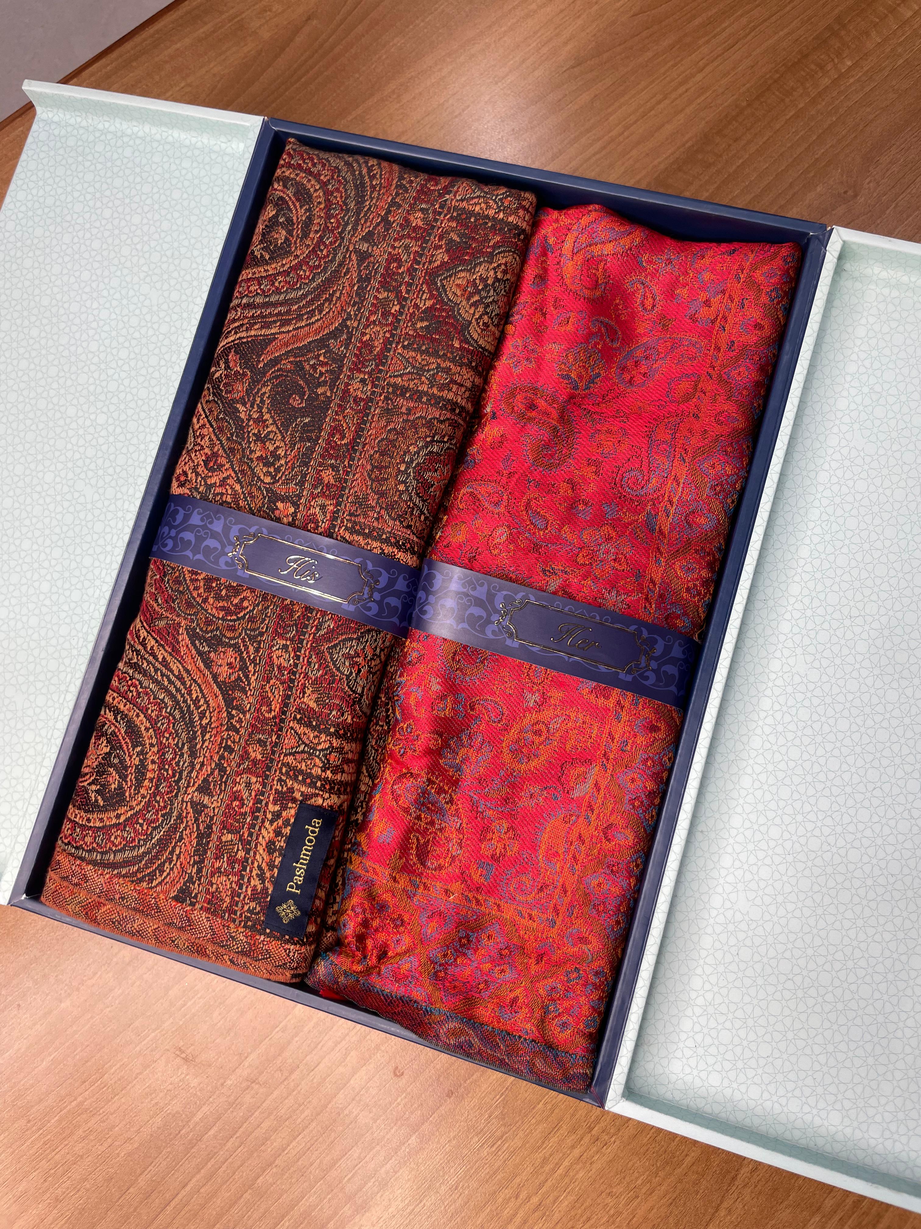 His and Her Gift Set of Jamavar Shawl and kaani Stole With Wooden Gift Box