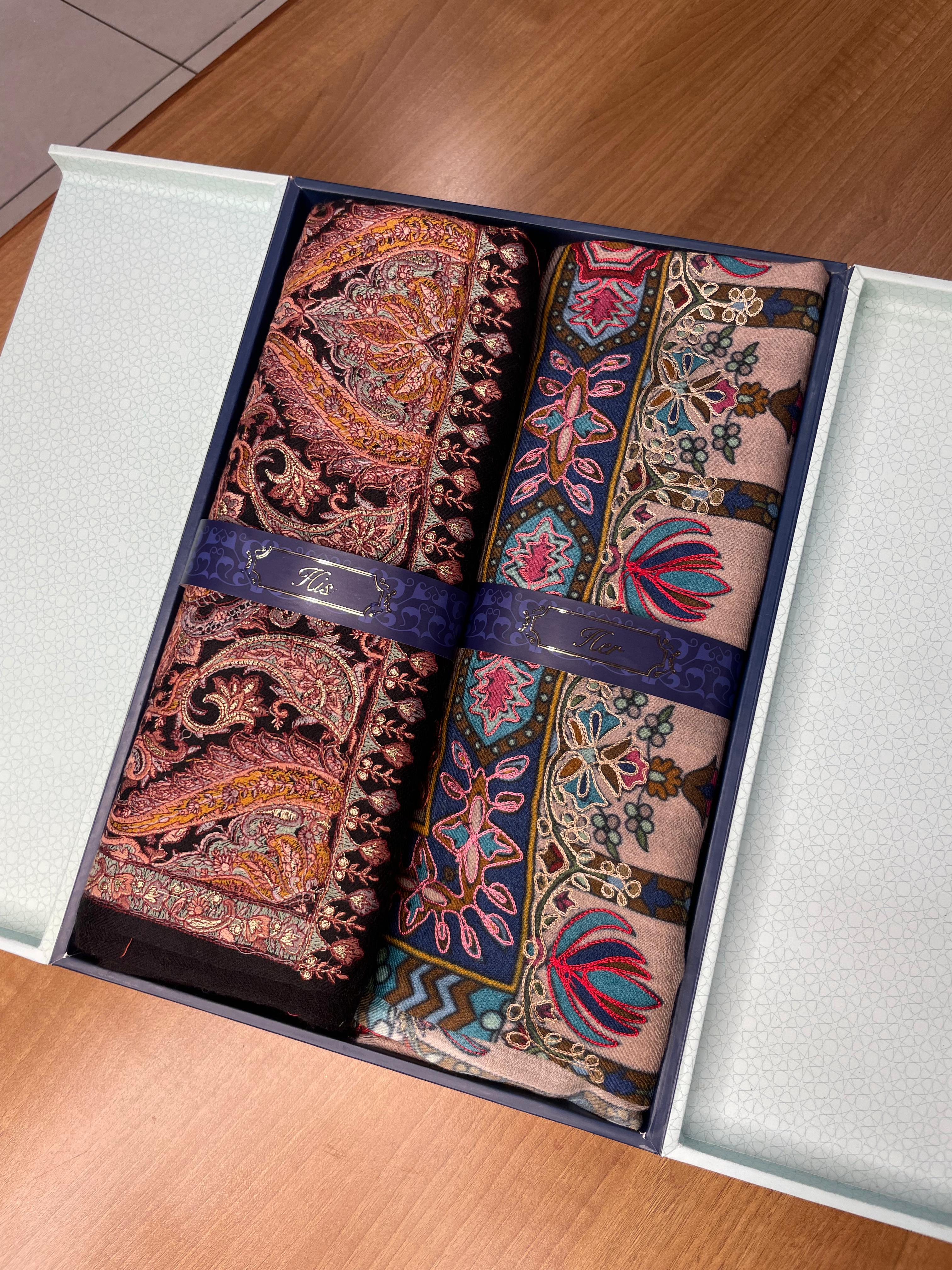 His and Her Gift Set of 100% Pure Wool Sozni Embroidered Shawl and Kalamkari Shawl With Wooden Gift Box
