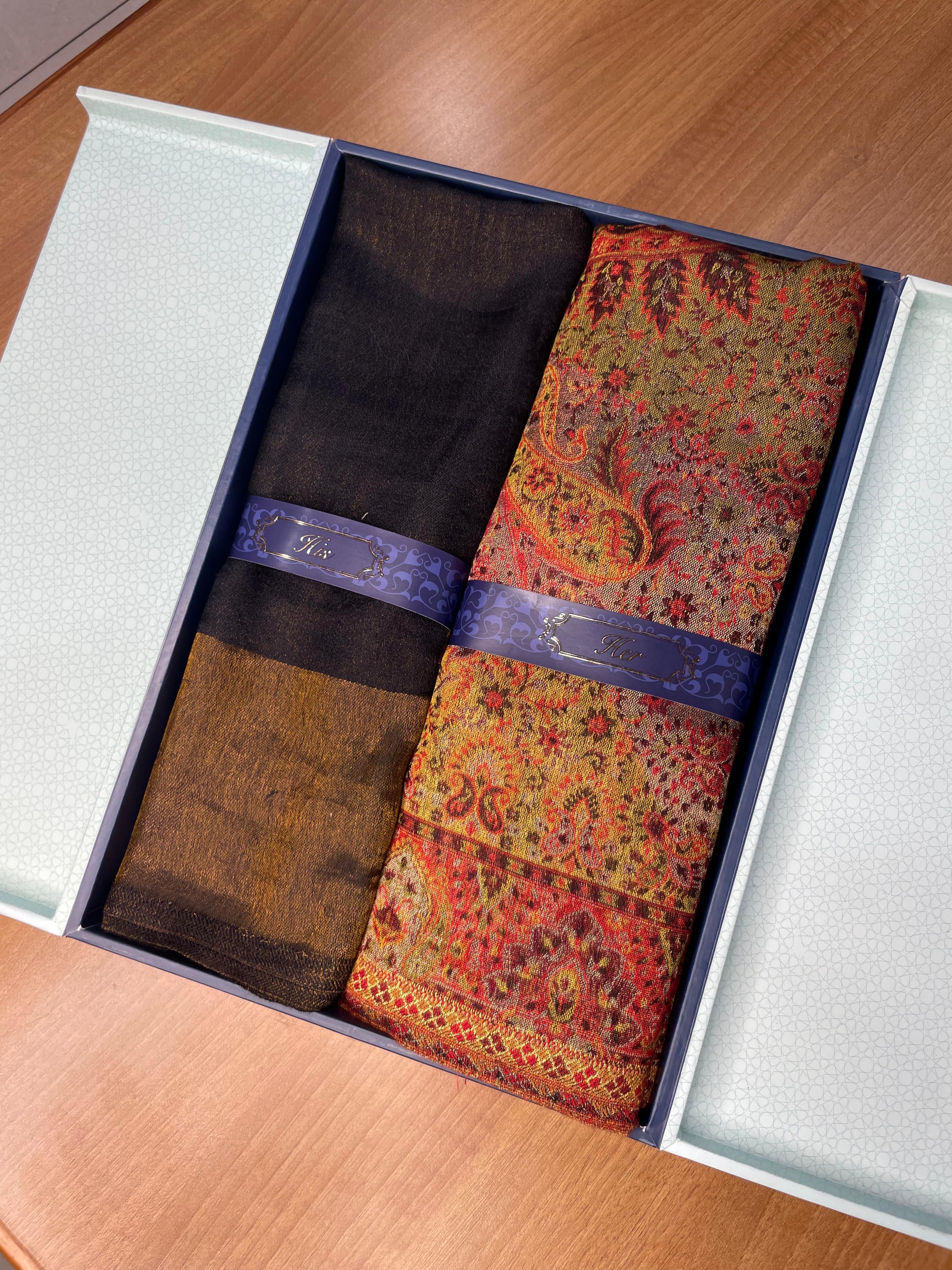 His and Her Gift Set of Zari Stole and Zari Kaani Shawl With Wooden Gift Box