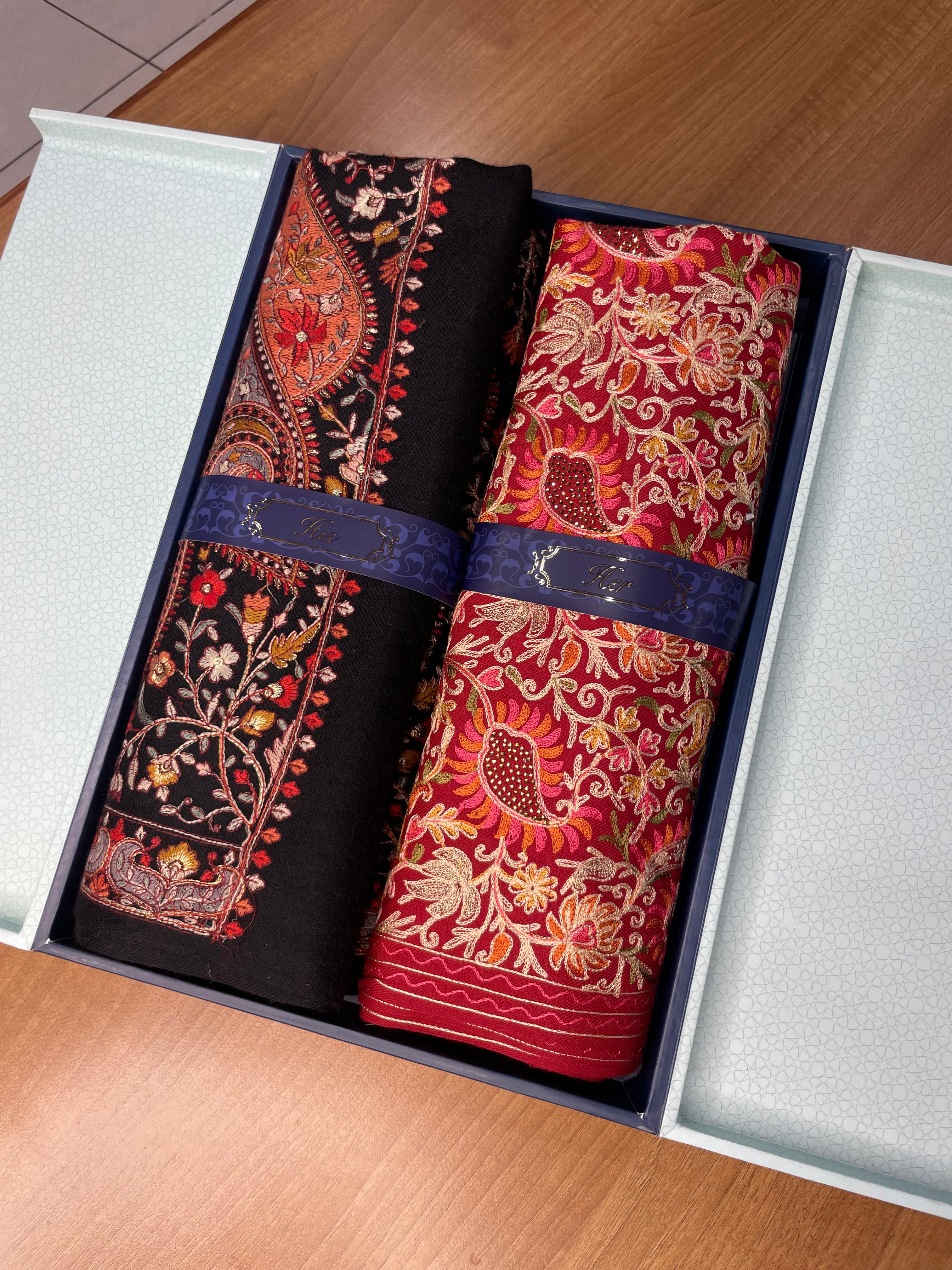 His and Her Gift Set of 100% Pure Wool Sozni Embroidered Shawl and Embroidered Shawl With Wooden Gift Box