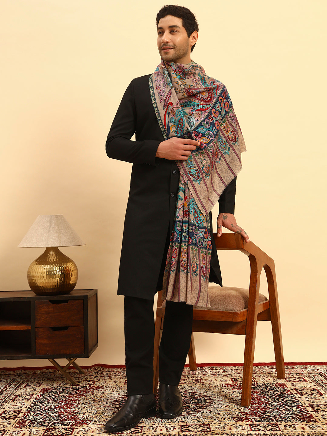 His and Her Gift Set of 100% Pure Wool Kalamkari Stole and Sozni Embroidered Stole With Wooden Gift Box