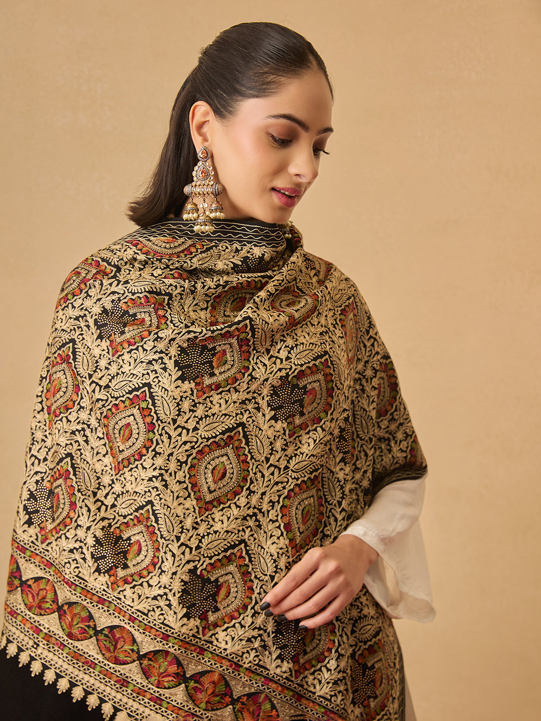 Pashmoda Women Ornate Harmony Fine Wool Nalki Embroidered Stole (Size : 71X203 CM)