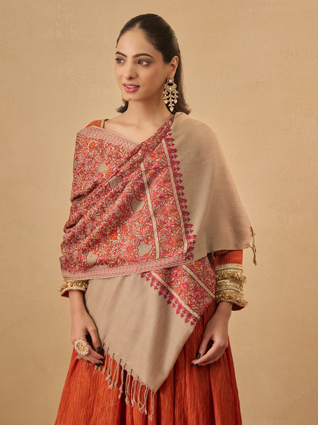 Pashmoda Women Hunar Fine Wool Nalki Embroidered Stole (Size : 71X203 CM)