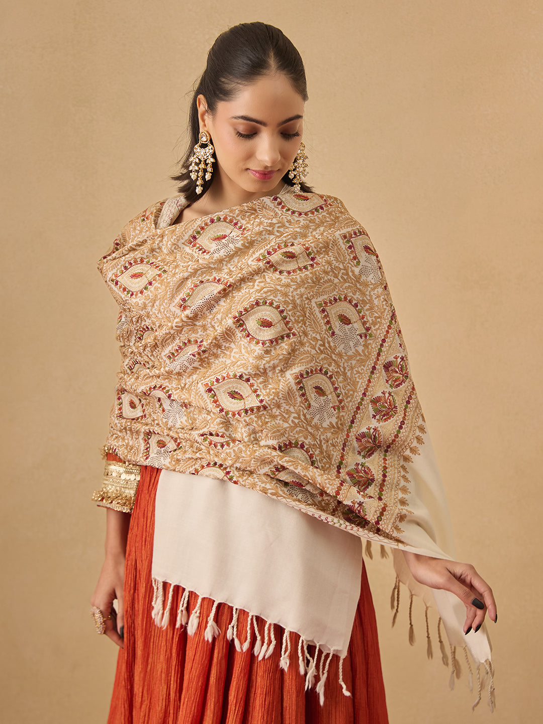 Pashmoda Women Ornate Harmony Fine Wool Nalki Embroidered Stole (Size : 71X203 CM)