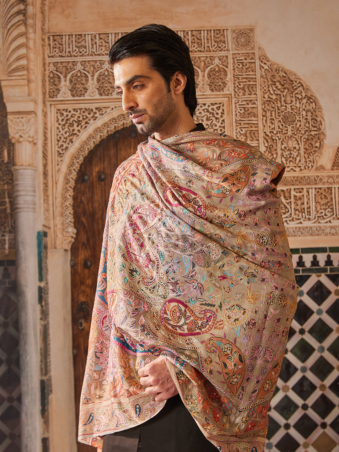 Pashmoda Men Fine Wool Kalamkari Embroidered Shawl (Size 101x203 Cm)