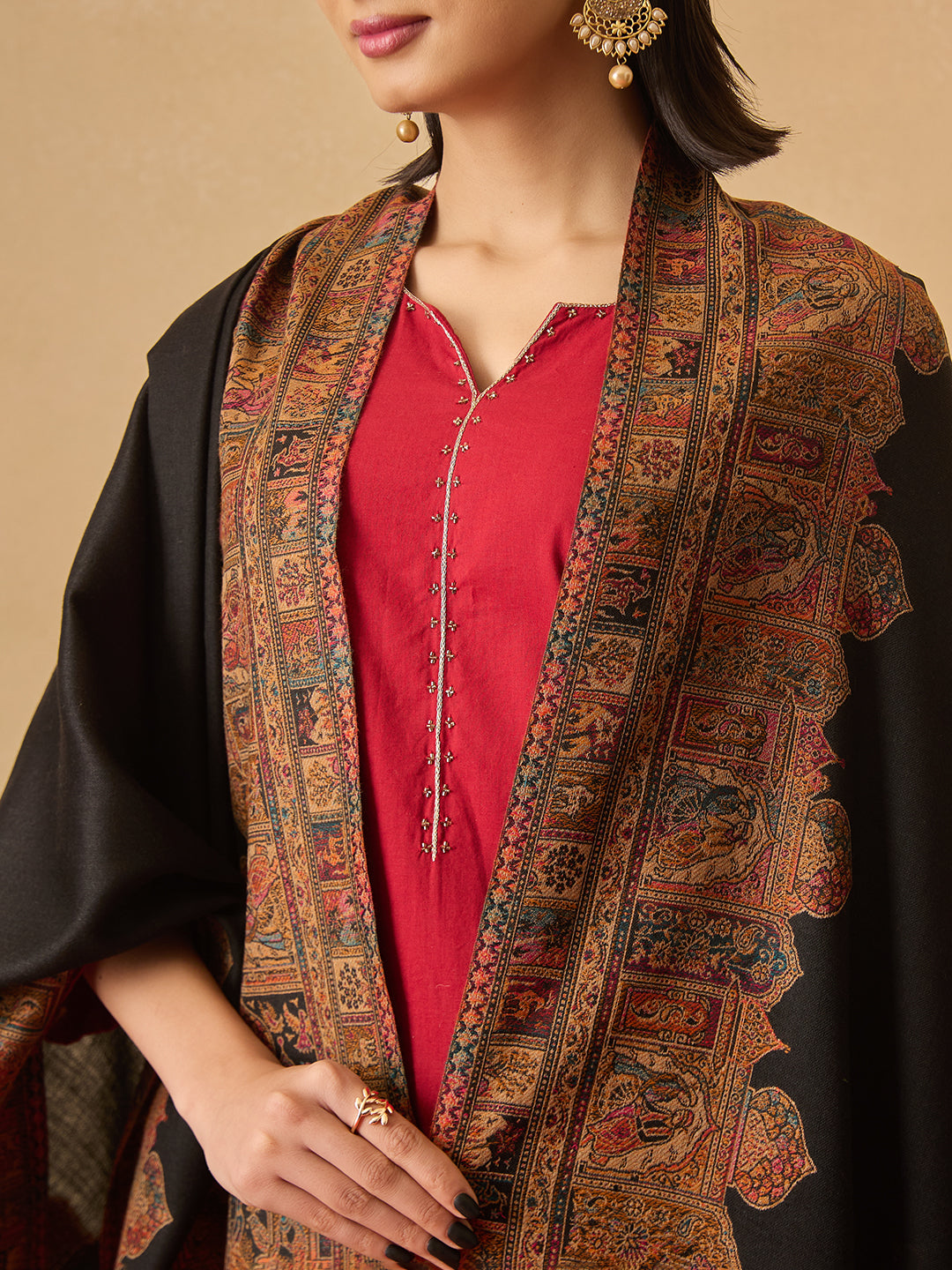 Pashmoda Women Arcadia Borders Kashmiri Jamawar Woven Shawl (Size: 101X203 CM)