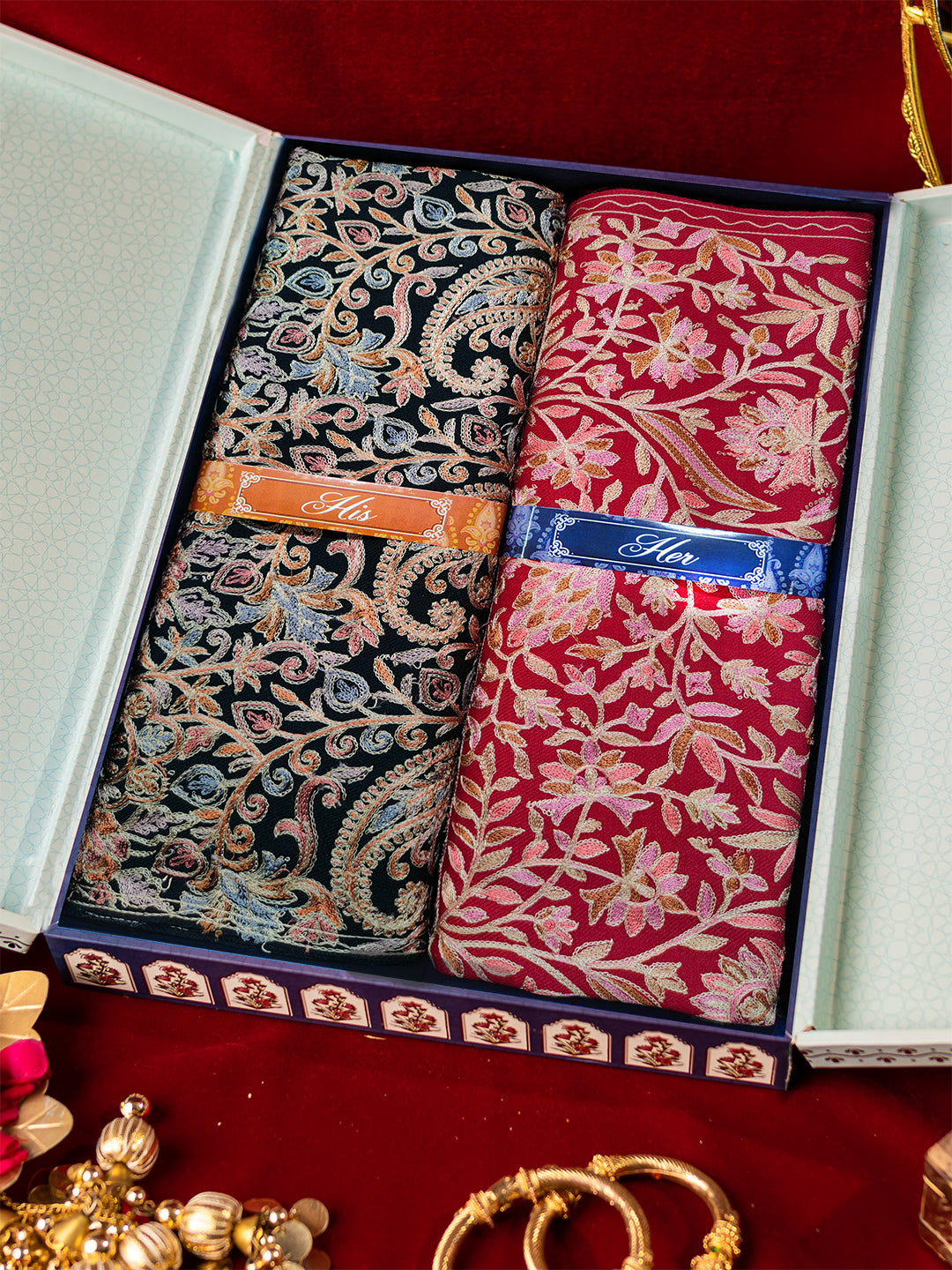 His and Her Gift Set of Wool Blend Nalki Embroidered Stoles With Wooden Gift Box