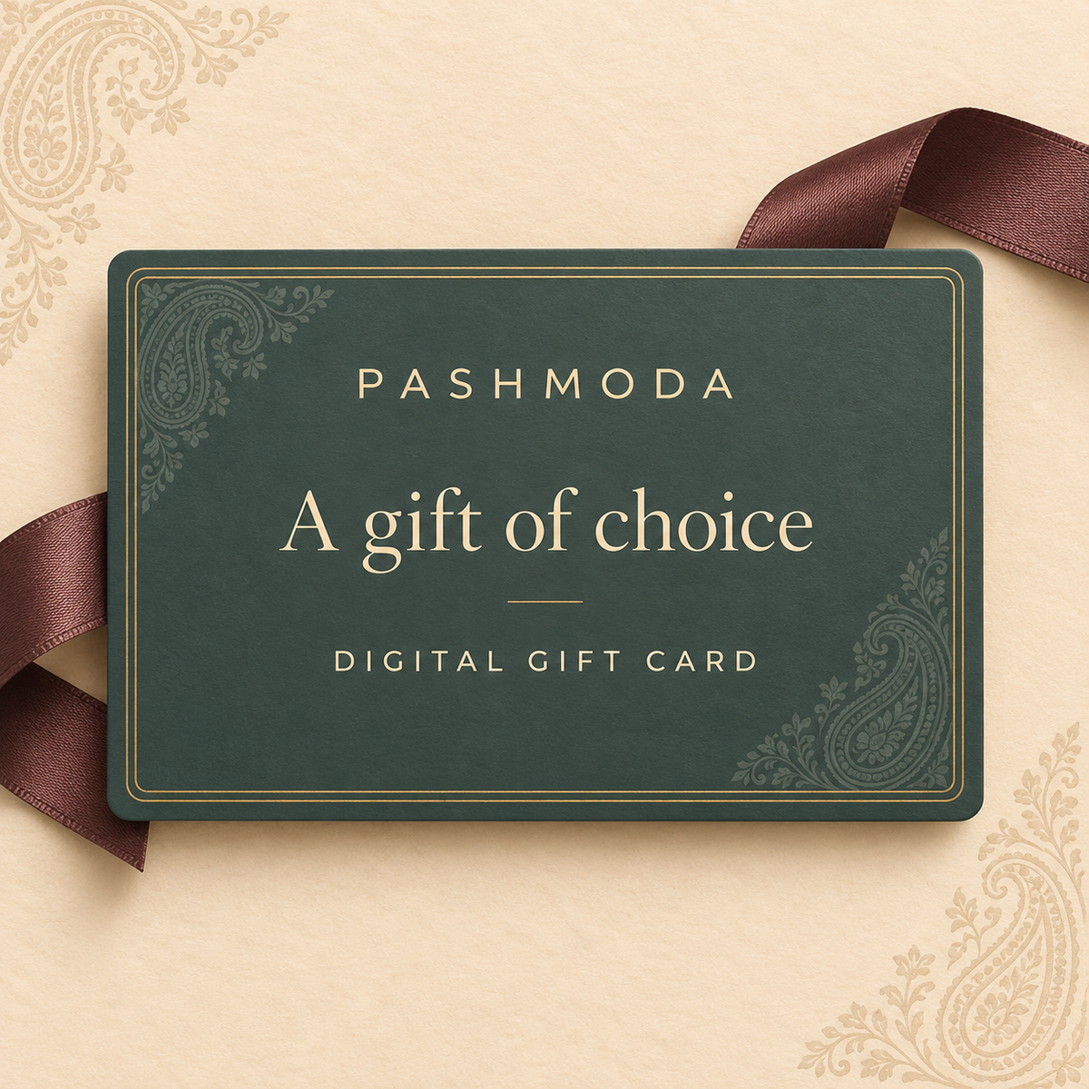Pashmoda digital gift card in cedar green with gold paisley details and a mulberry ribbon