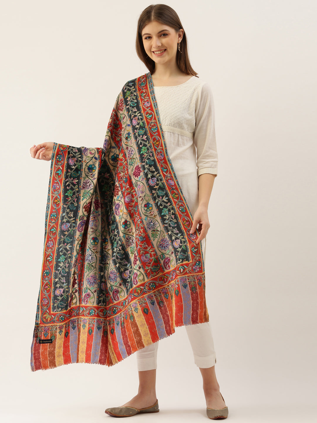 Women Multi Light Pure Wool Kalamkari Shawl, Woolmark Certified (40X80 Inches)