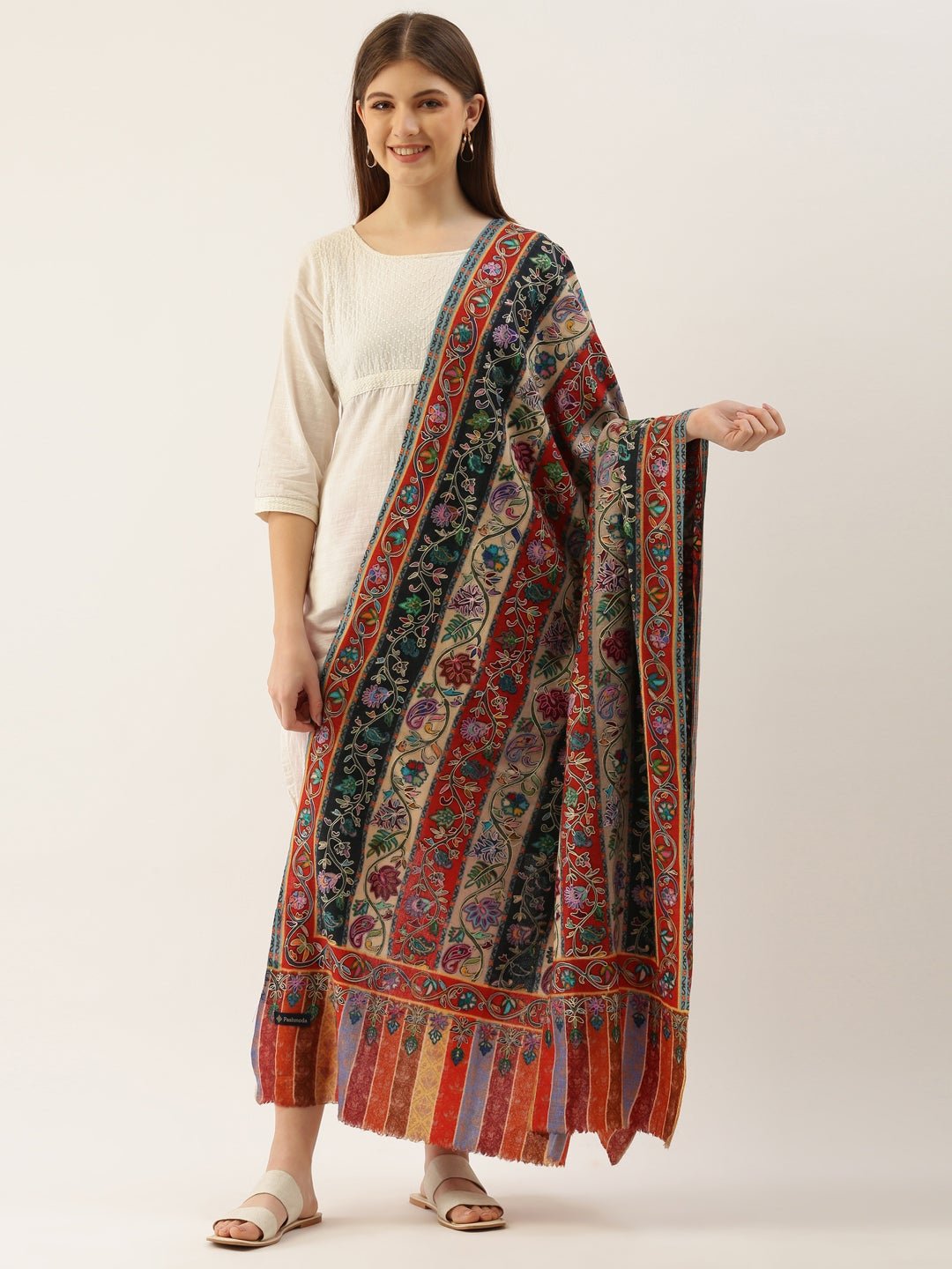 Women Multi Dark Pure Wool Kalamkari Shawl, Woolmark Certified (40X80 Inches)